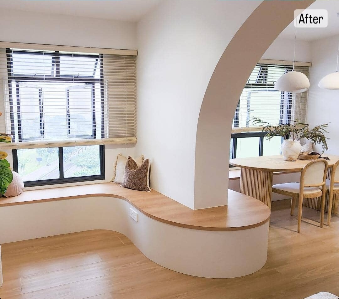 Dining Space - Embracing The Curves  - Modern living room, minimalist design, cozy seating area, curved wooden bench, natural