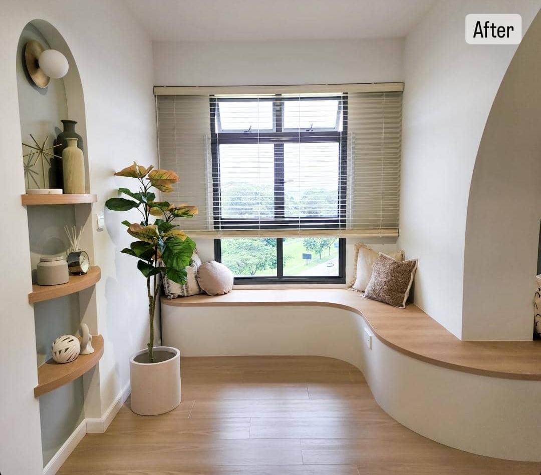 Dining Space - Embracing The Curves  - Modern living room, cozy seating area, minimalist decor, natural light, large window