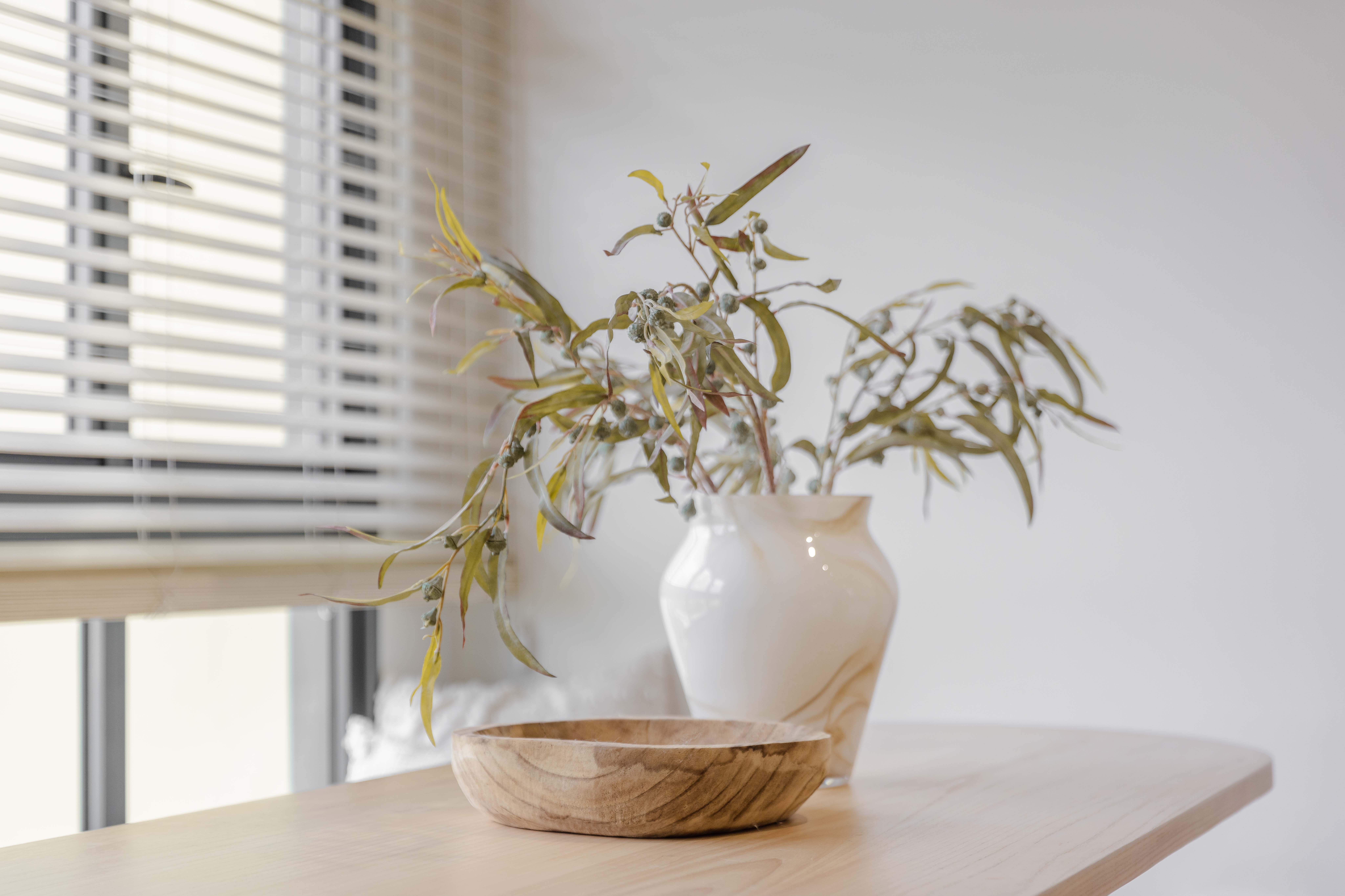 Dining Space - Embracing The Curves  - White blinds, indoor setting, wooden table, natural light, indoor plants, indoor
