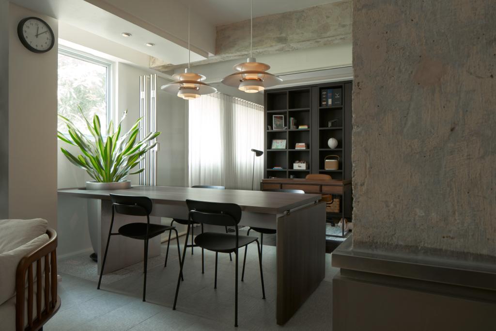 Dining Area: A seamless connection - Modern minimalist dining room, large window with natural light, contemporary furniture