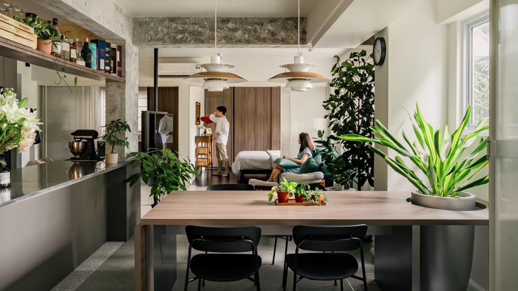 Dining Area: A seamless connection - Modern kitchen with industrial elements, large windows, contemporary furniture, wooden