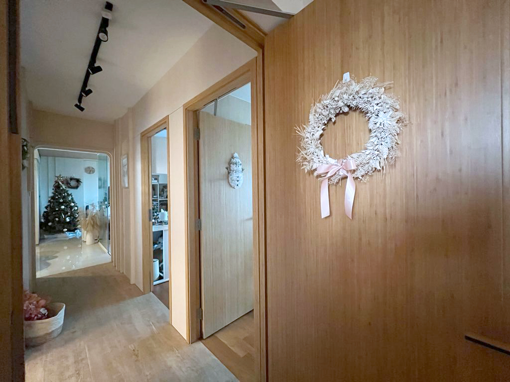 Christmas Fever | Best Season of The Year - Wooden hallway, festive decorations, wreath, Christmas tree, doorway, light beige