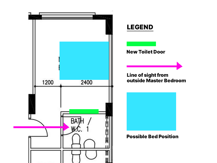 Our Master Bedroom: A peaceful space for undisturbed rest - Bathroom layout with new toilet door, Line of sight from outside