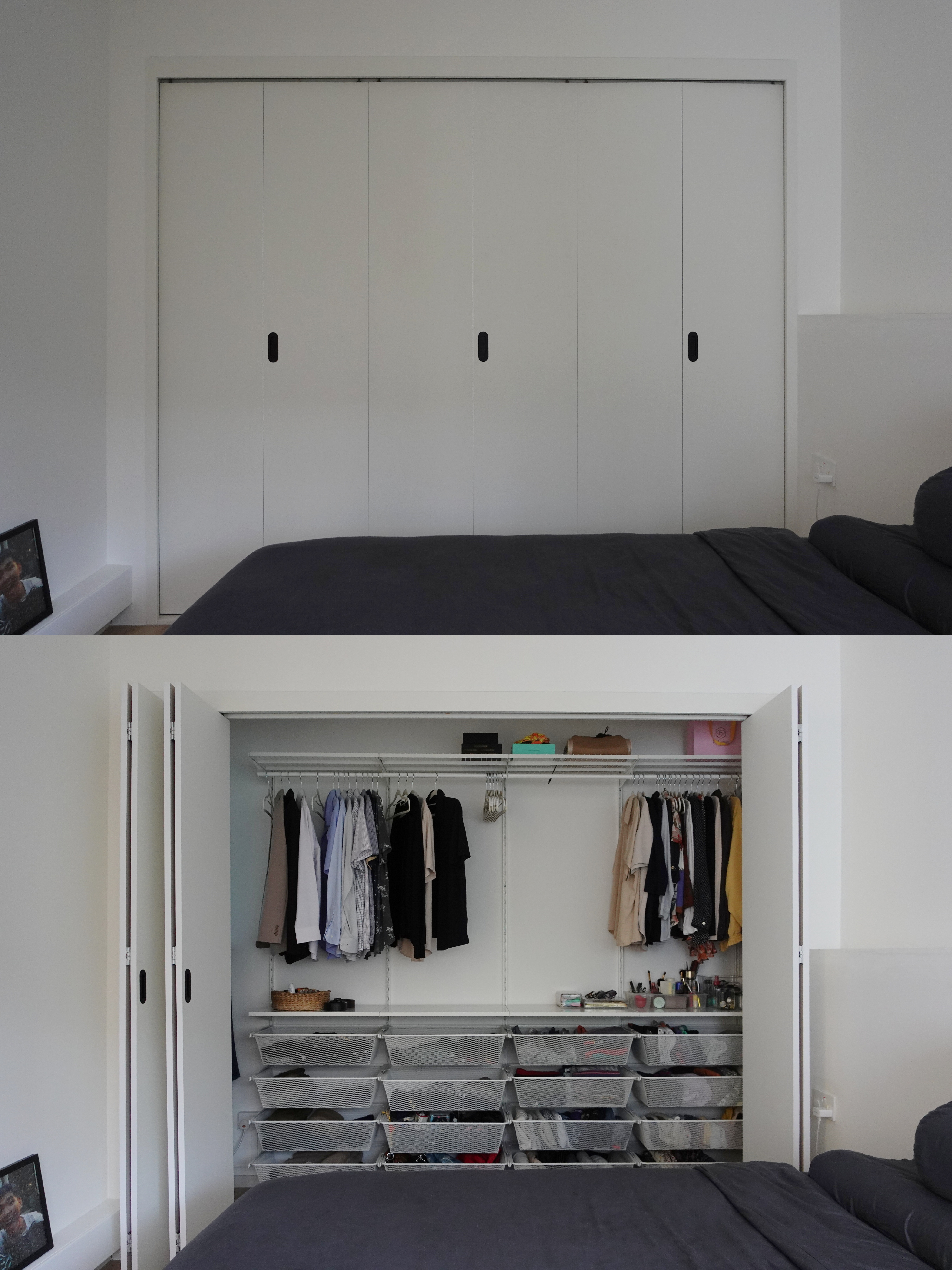 A minimal bedroom with a wardrobe that you’ve never seen before - White wardrobe with black handles, minimalist design, open