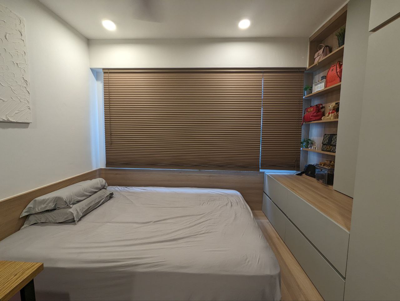 A Cosy Sanctuary: Rise and Shine! - Modern bedroom with minimalist design, wooden accents, large window with blinds, neatly