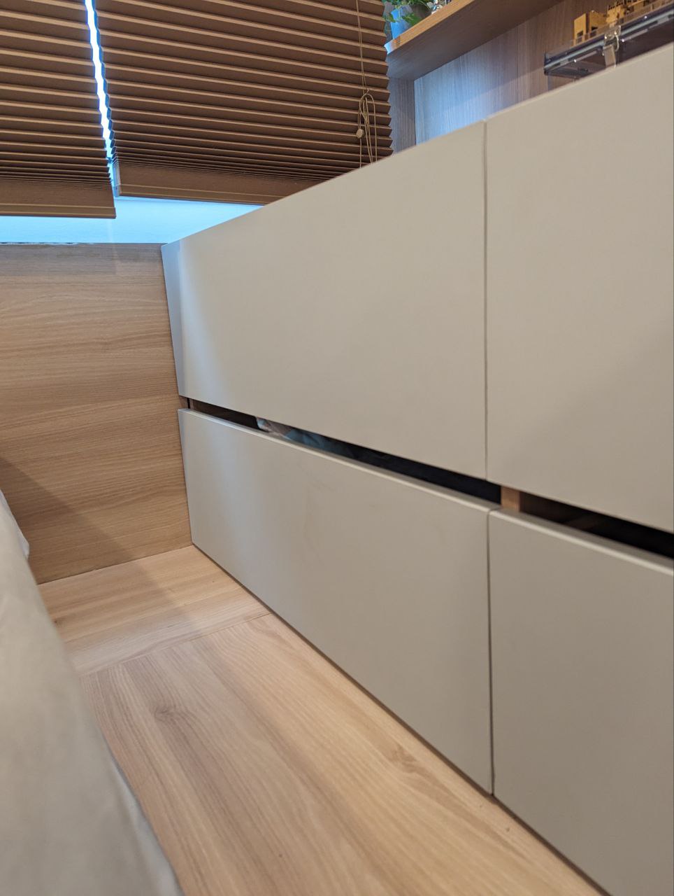 A Cosy Sanctuary: Rise and Shine! - Wooden cabinetry, modern design, light gray color, built-in storage, minimalist style