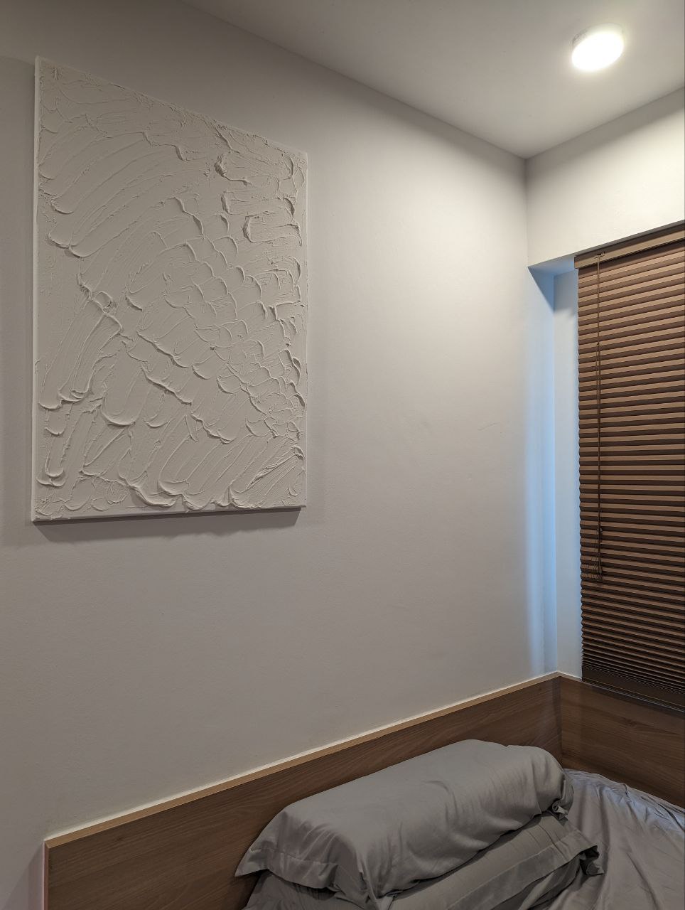 A Cosy Sanctuary: Rise and Shine! - White textured abstract painting, minimalist bedroom, modern decor, light gray bedding