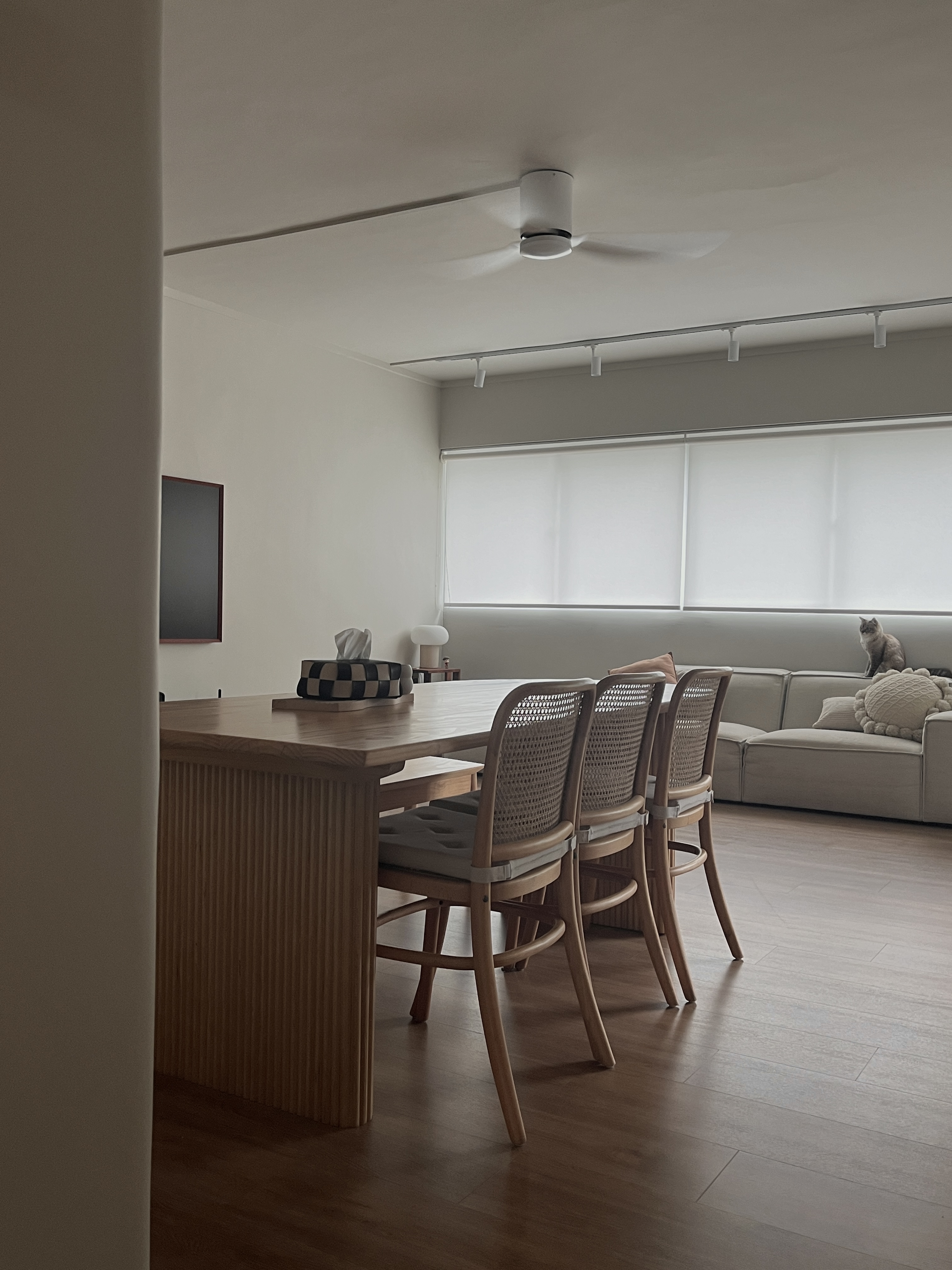 Dining Space: cafe vibes at home - Modern minimalist dining room, neutral color palette, large window with blinds, wooden