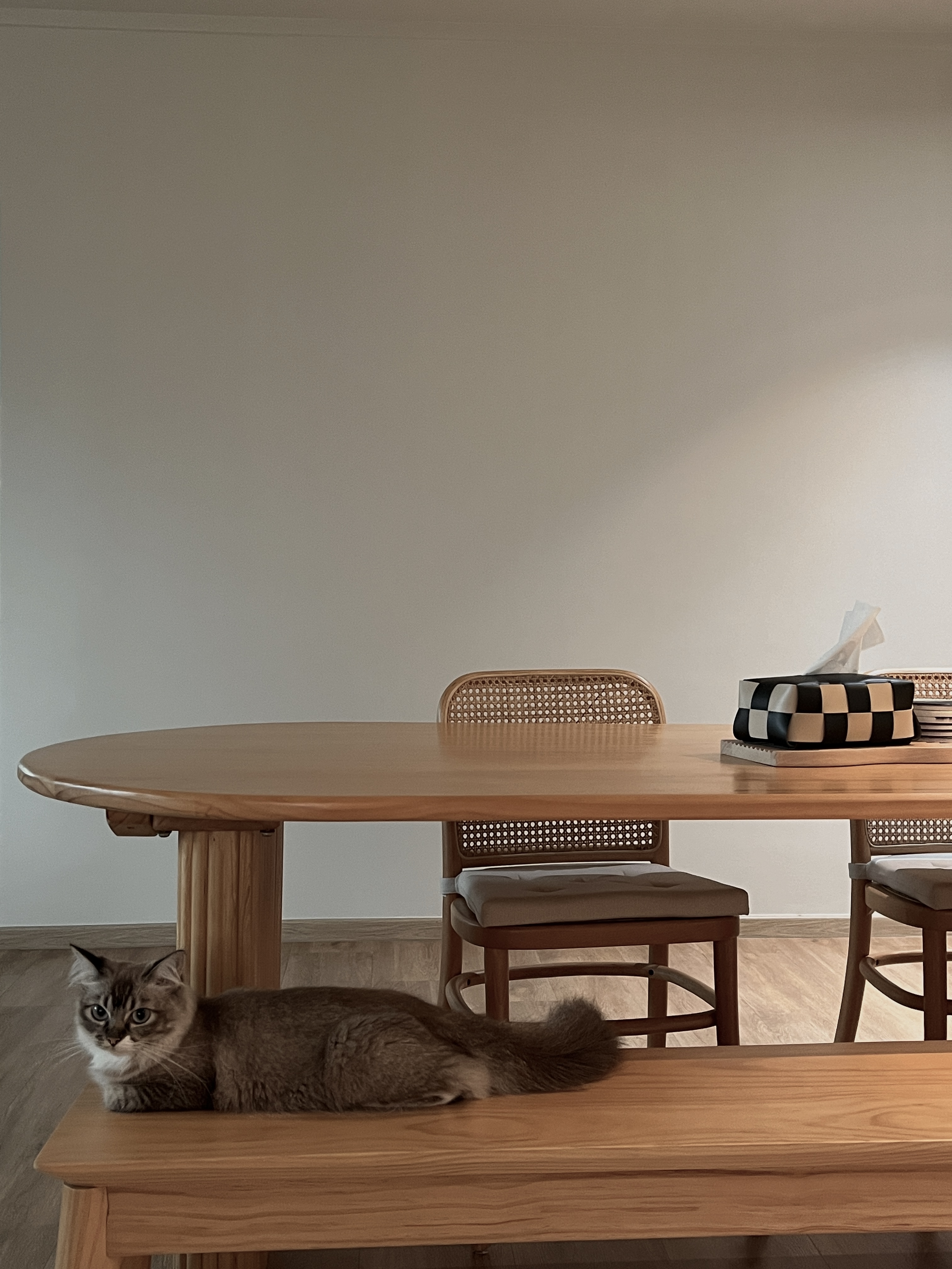 Dining Space: cafe vibes at home - Wooden dining table, minimalist design, light brown wood finish, modern furniture, cozy