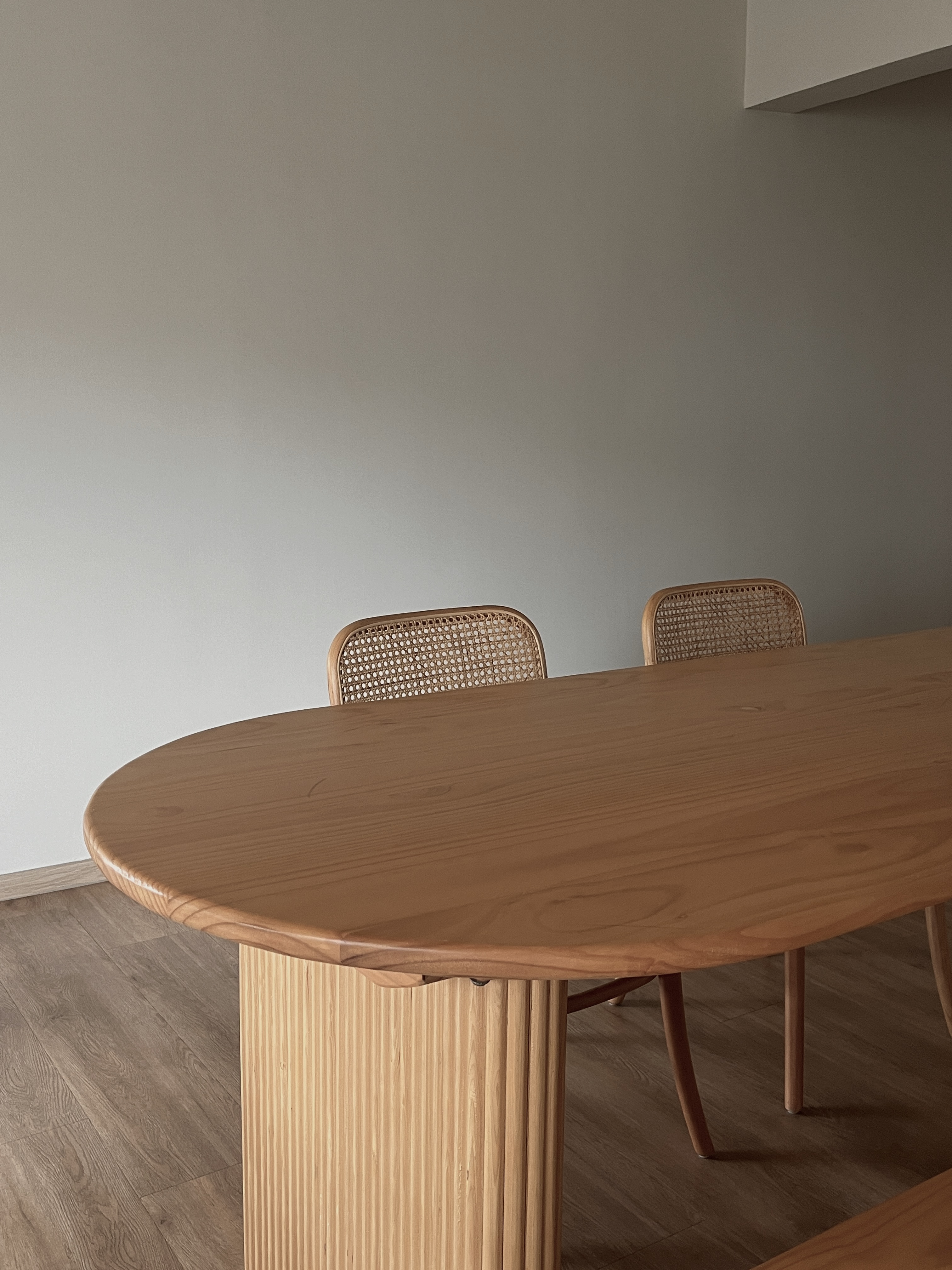 Dining Space: cafe vibes at home - Wooden dining table, minimalist design, round table, light wood finish, natural wood