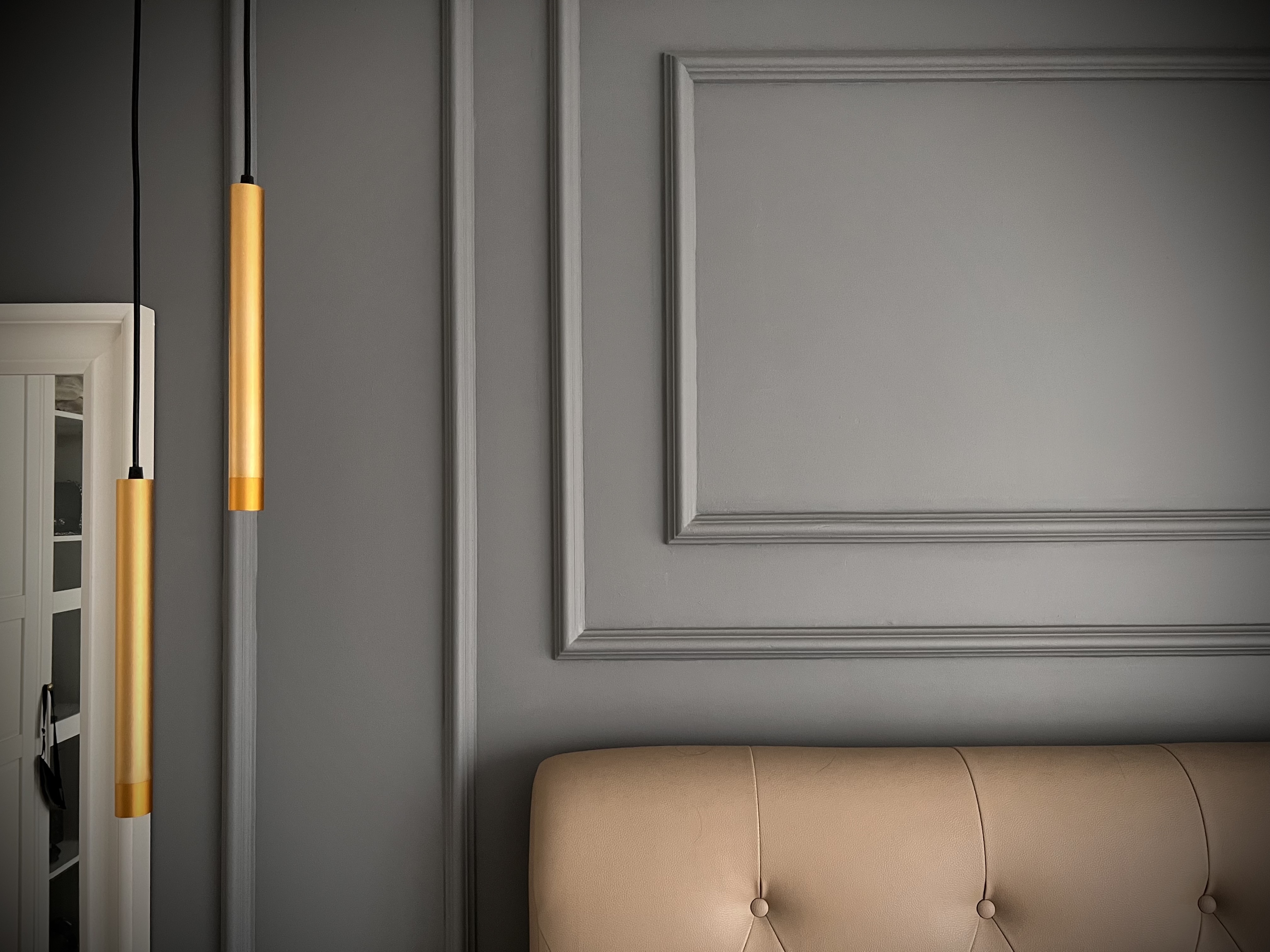 Bedroom: White, Gold and Grey Colour Scheme - Gold modern wall sconces, minimalist design, sleek lines, elegant decor