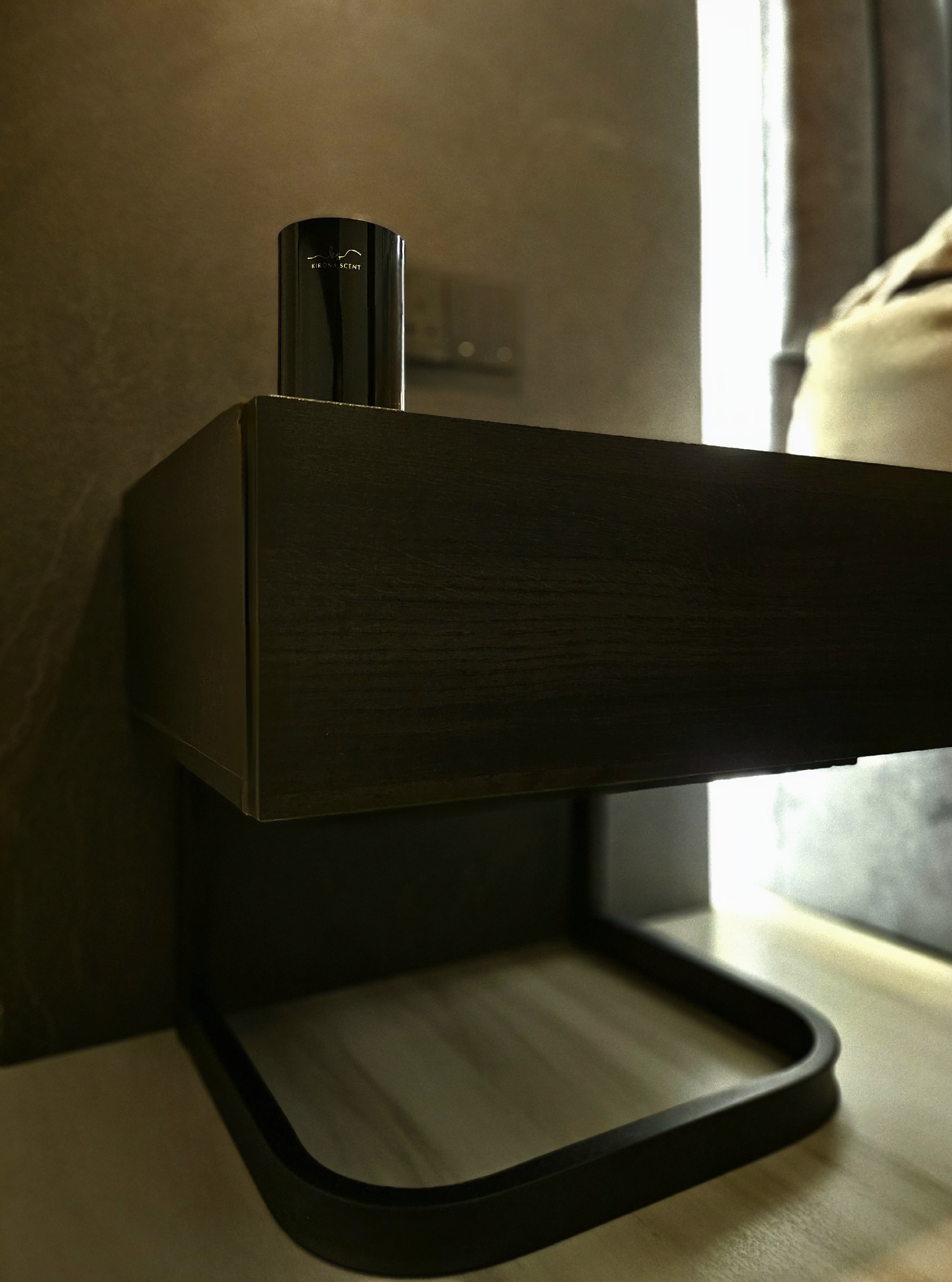 Bedroom: Our Sleep Haven - Scented candle, minimalist shelf, dark wood, modern design, sleek black candle, ambient lighting