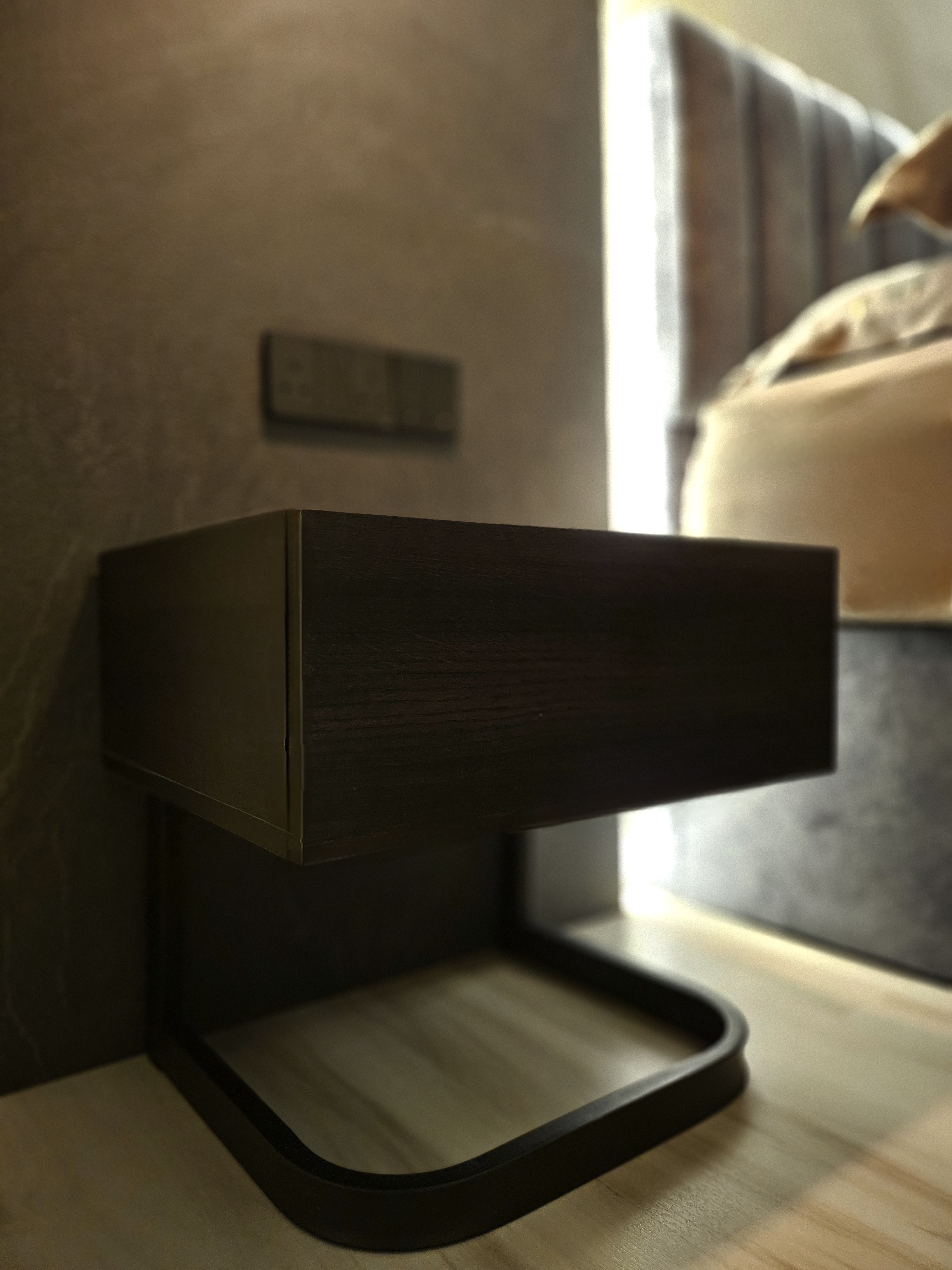 Bedroom: Our Sleep Haven - Wooden shelf, minimalist design, dark wood finish, sleek surface, modern decor, small storage