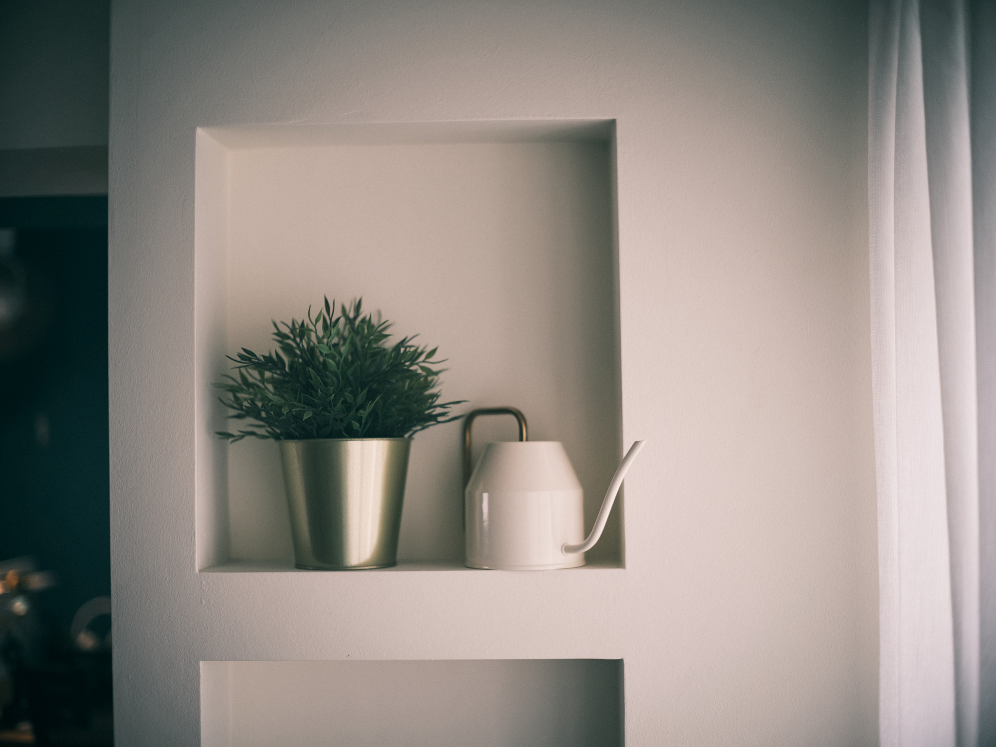 A proud faux plant owner - vibrant green plant, minimalist design, white shelf, modern decor, soft lighting, white kettle