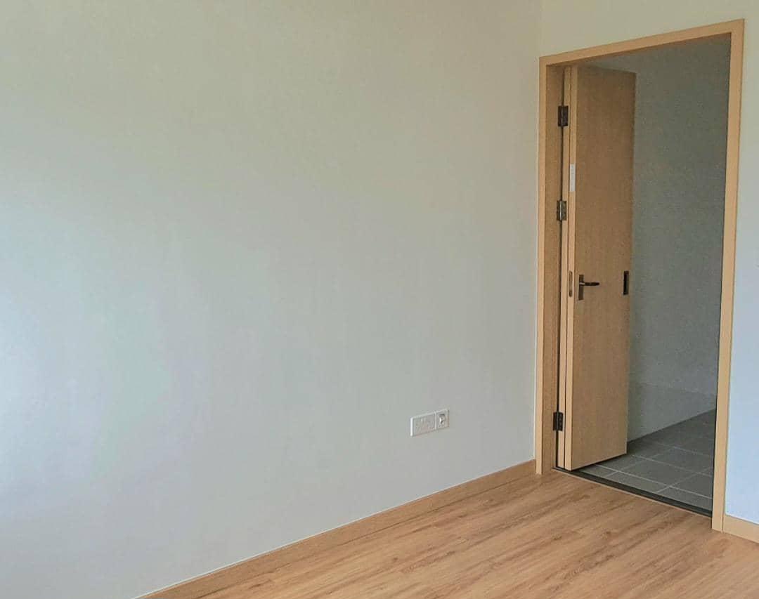 Master Bedroom - Simplicity in slumber - Light-colored walls, wooden floor, open doorway, light gray carpet, minimalist
