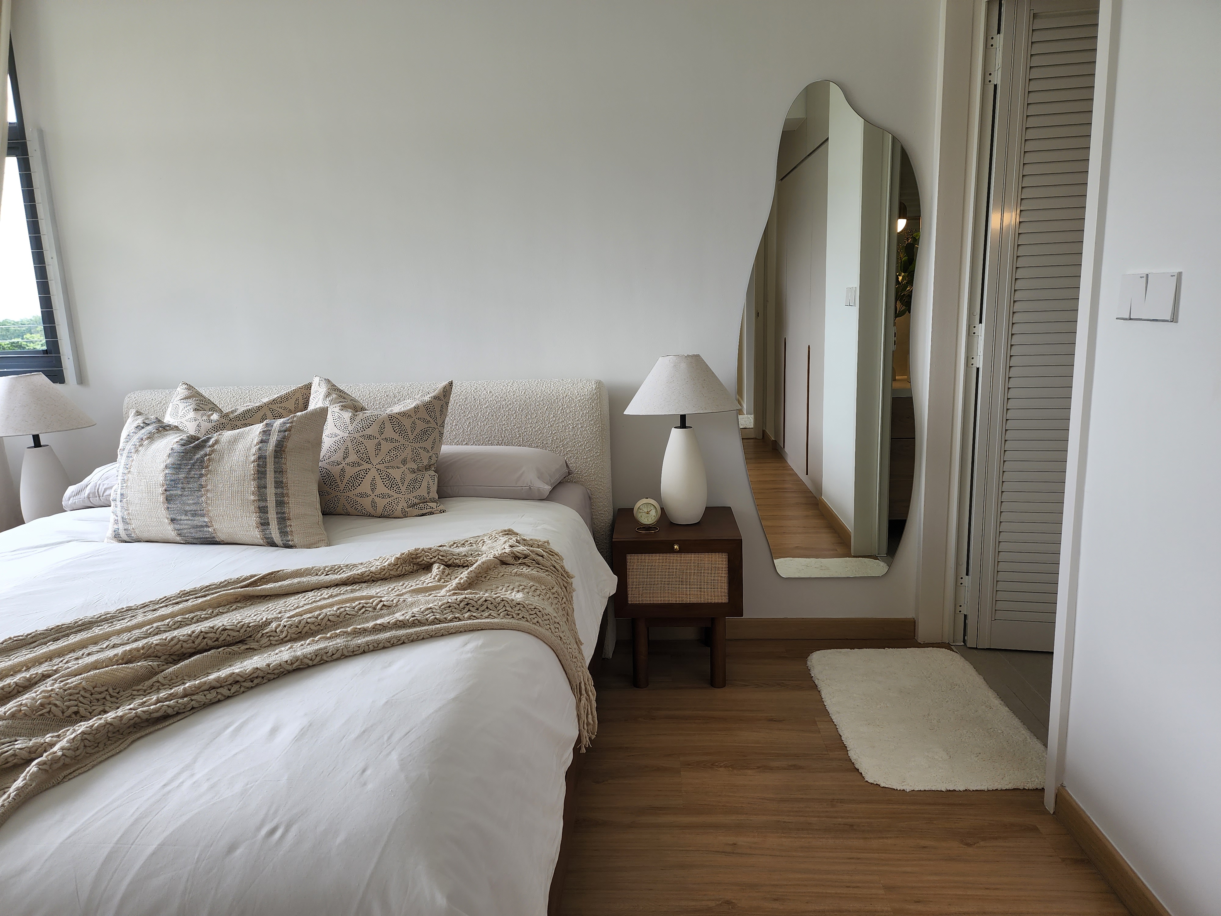 Master Bedroom - Simplicity in slumber - Modern minimalist bedroom, neutral color palette, large bed with white linens, beige