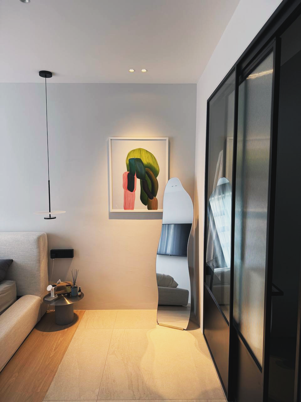 Our 'Hotel' inspired Bedroom like Everyday Retreat - Modern minimalist living room, contemporary art piece, abstract