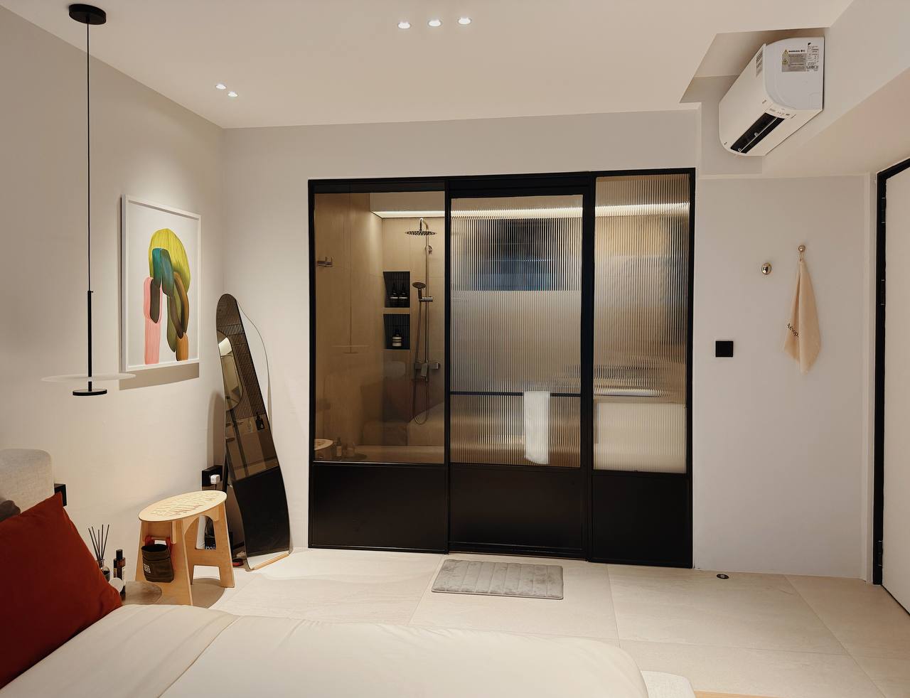 Our 'Hotel' inspired Bedroom like Everyday Retreat - Modern minimalist bedroom, sleek black shower enclosure, contemporary
