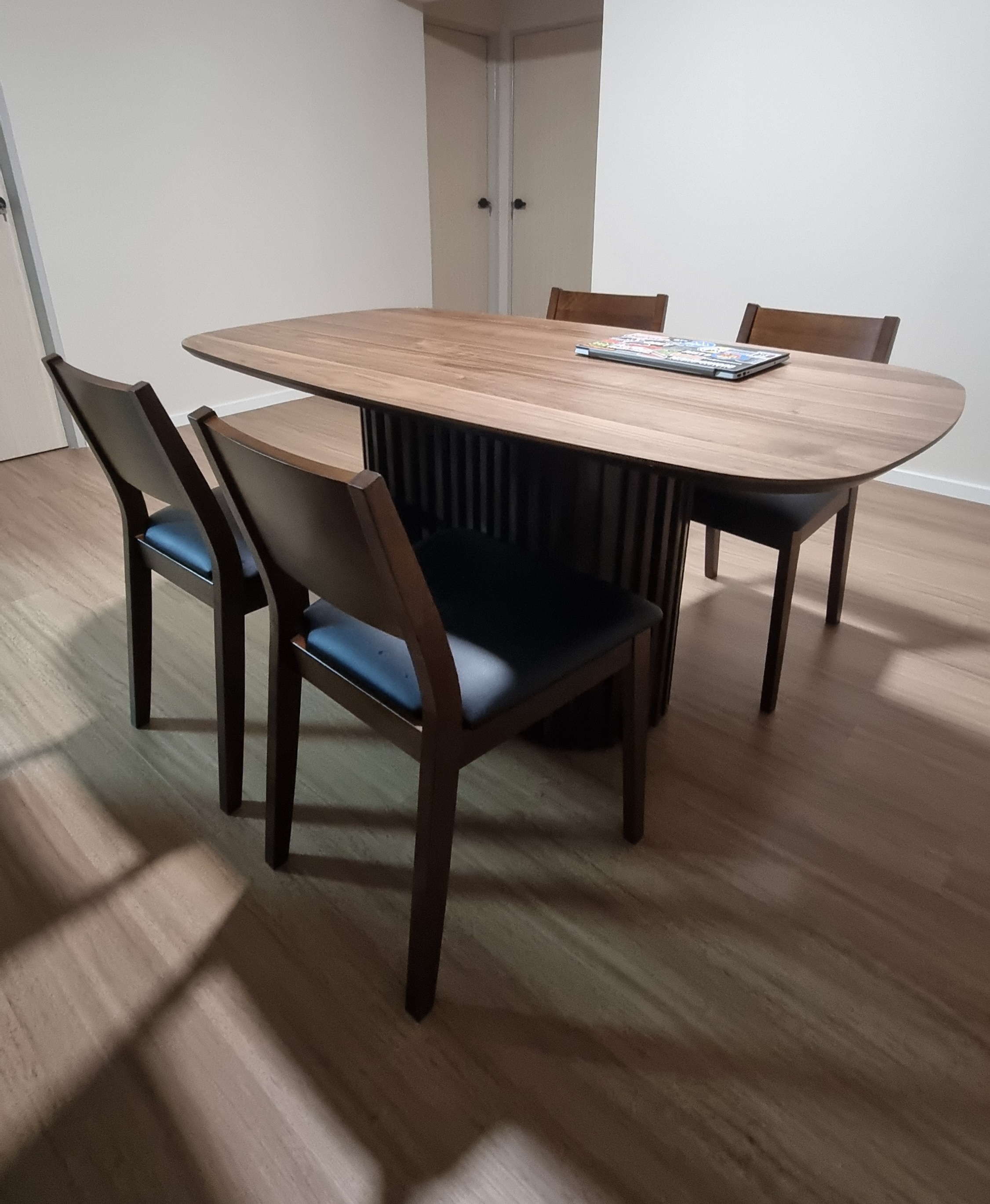 Loving the colours as it matches my Living room walls . Gracias - Wooden dining table, modern chairs, minimalist design