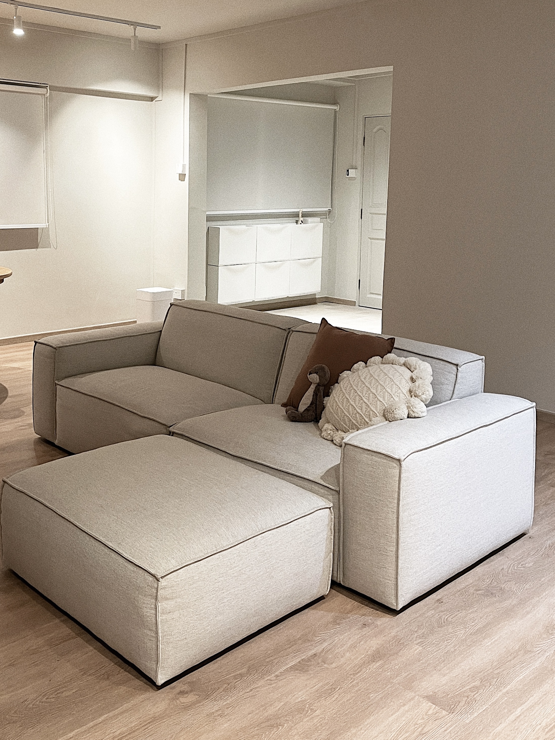Living Space: our favourite spot at home - Modern minimalist living room, neutral color palette, light gray sectional sofa