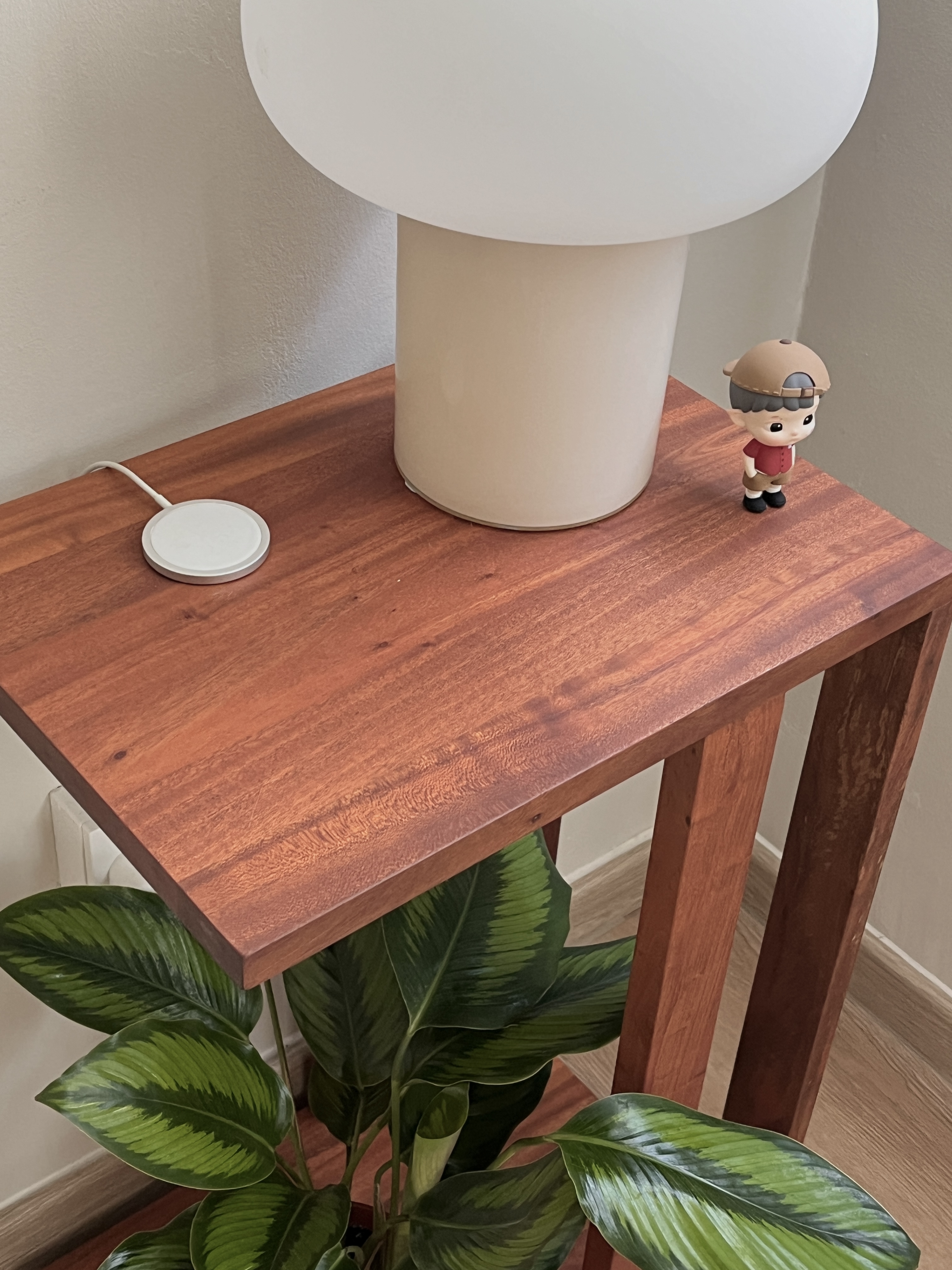 Living Space: our favourite spot at home - Wooden side table, small figurine, green leaf plant, natural lighting, rustic