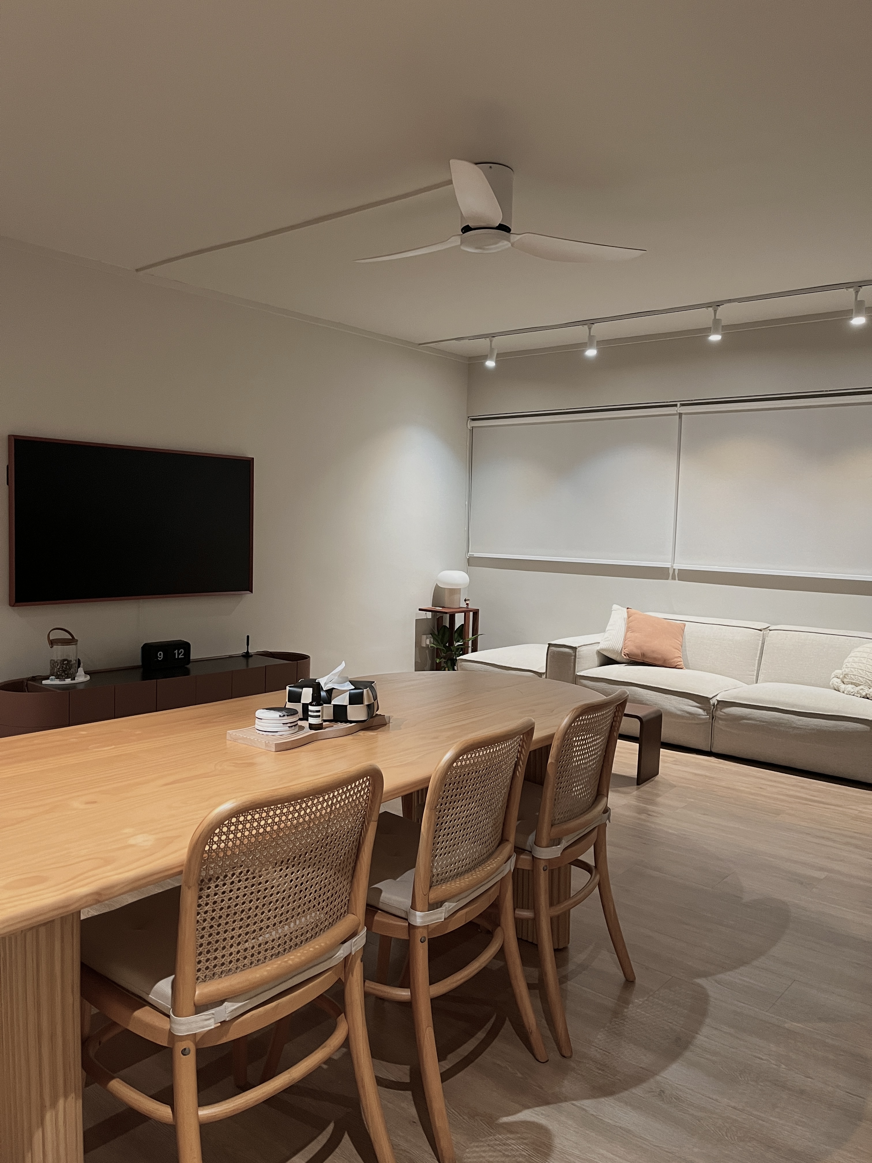 Living Space: our favourite spot at home - Wooden dining table, modern living room, minimalist design, large flat-screen TV