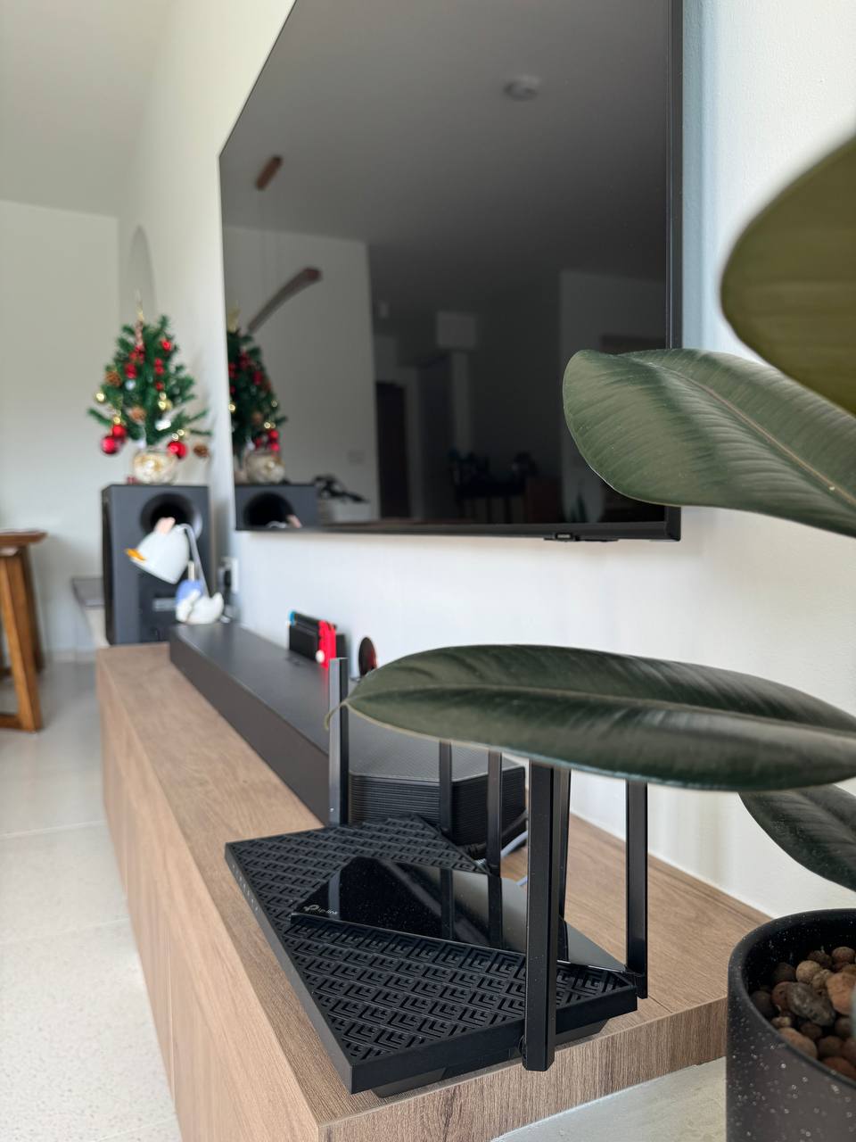 The Perfect Corner to be a Couch Potato - Modern living room, minimalist decor, sleek TV stand, large green plant, wooden