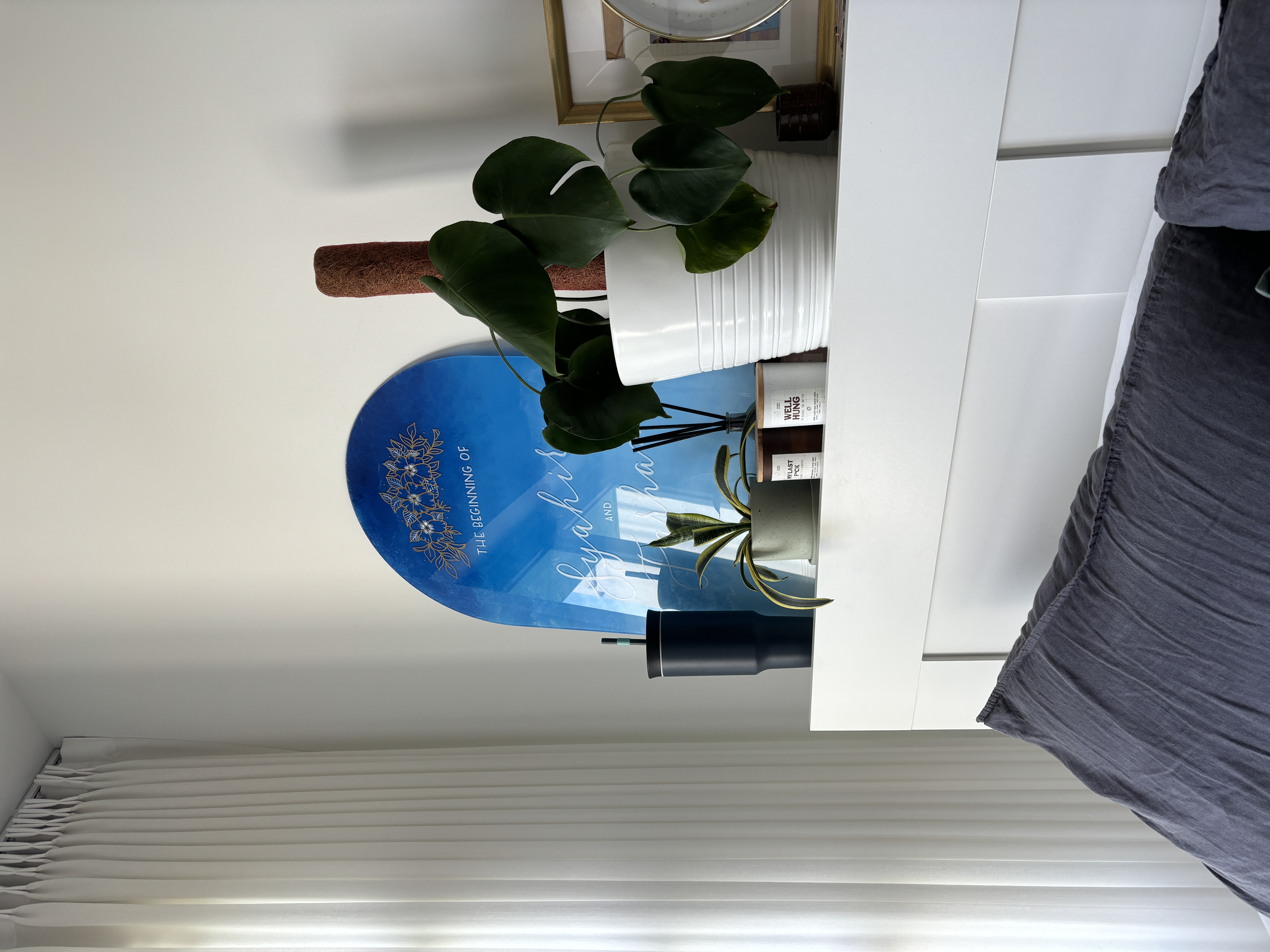 Simple Master Bedroom  - blue circular sign, green plant, white shelf, indoor plants, modern decor, white wall, white