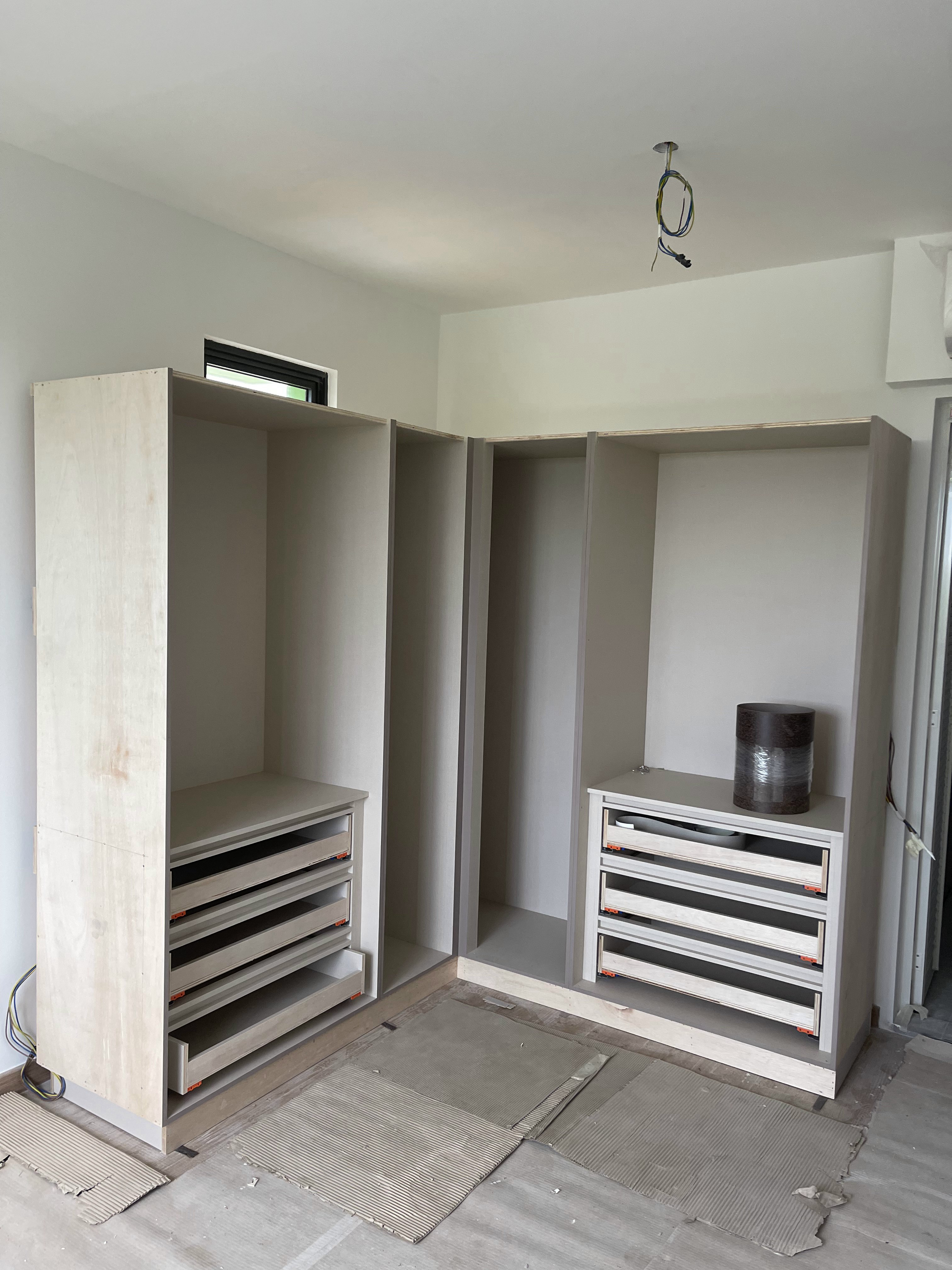 Simple Master Bedroom  - Wooden shelves, unfinished walls, minimalistic design, empty spaces, construction site, ceiling