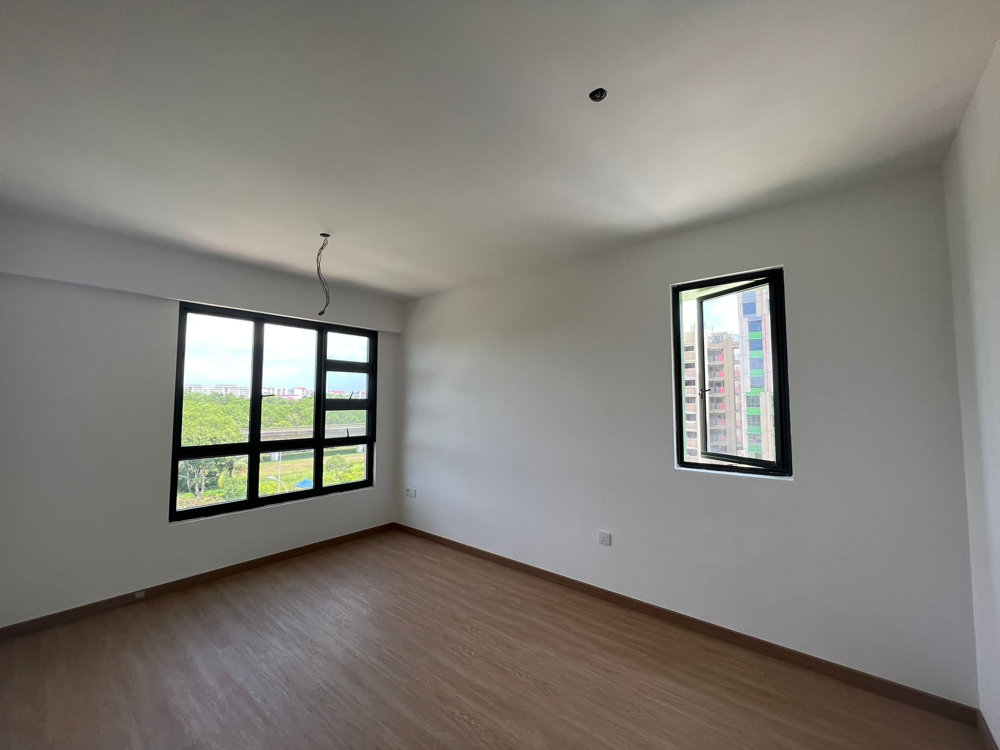 Simple Master Bedroom  - Empty room, spacious, bright, large windows, white walls, wooden floor, natural light, modern