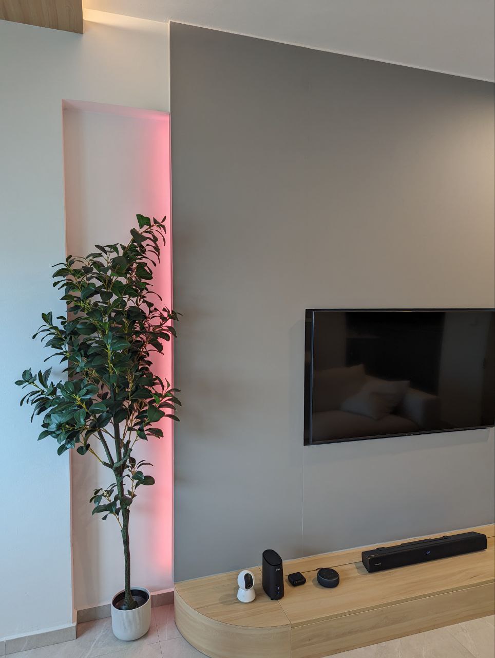 Step into our DIY living room  - Modern minimalist living room, sleek entertainment center, contemporary decor, soft ambient