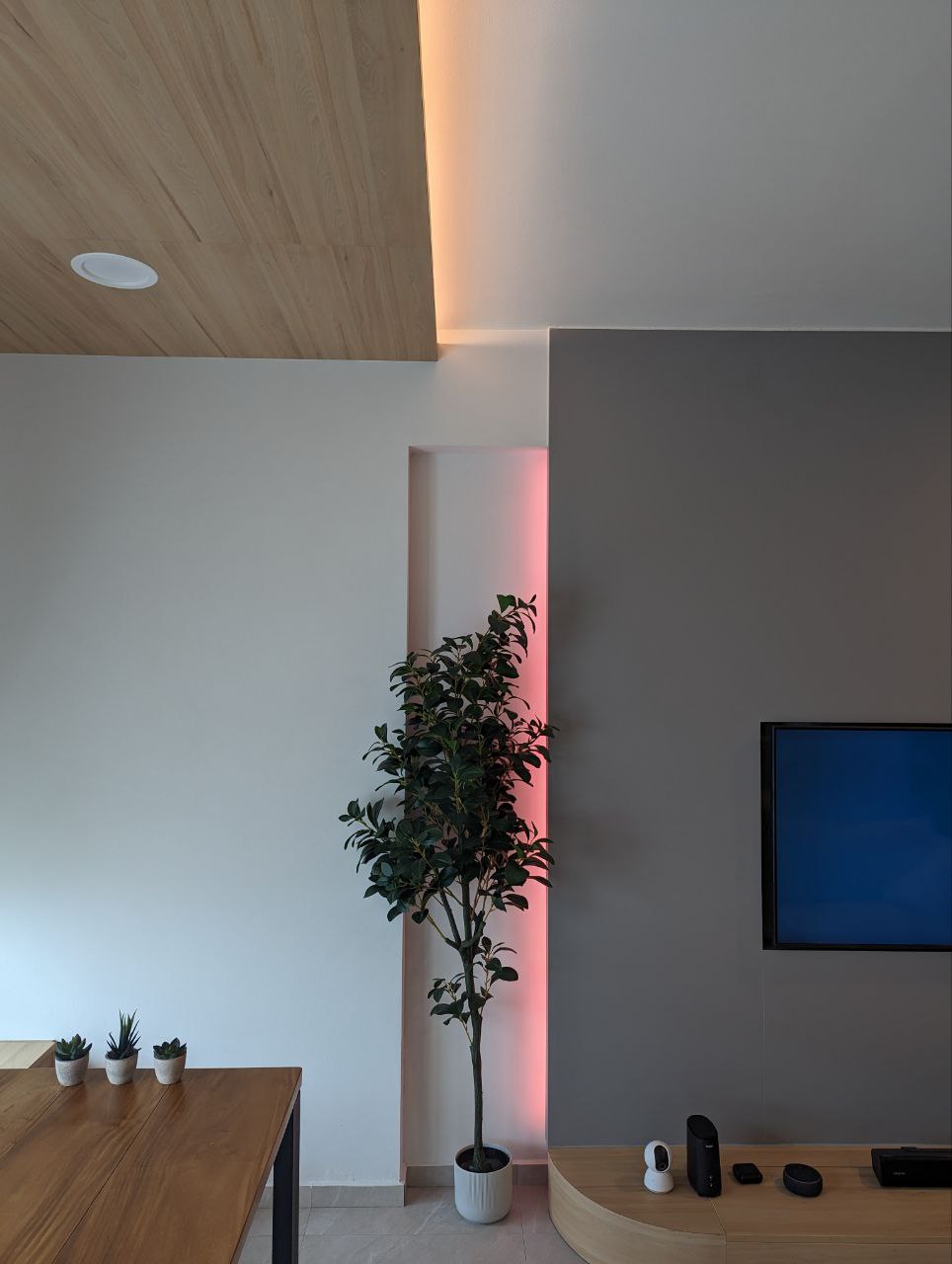 Step into our DIY living room  - Wooden floor, modern interior, minimalist design, sleek ceiling, recessed lighting, vertical