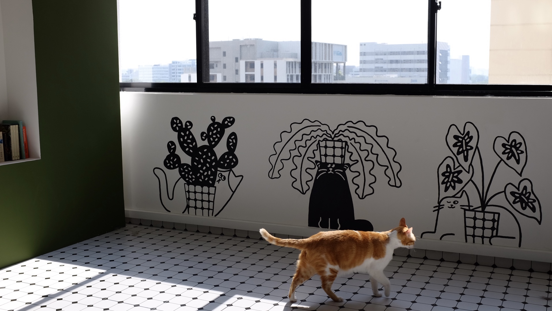 Living Room: Cats' Playground! - vibrant mural, black and white art, whimsical design, abstract shapes, playful illustration