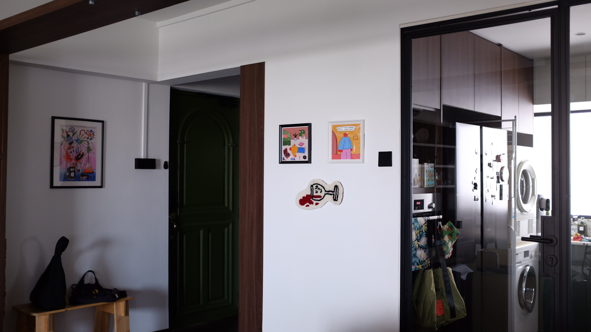 Living Room: Cats' Playground! - Modern interior, minimalist design, colorful artwork, wooden accents, open door, green door