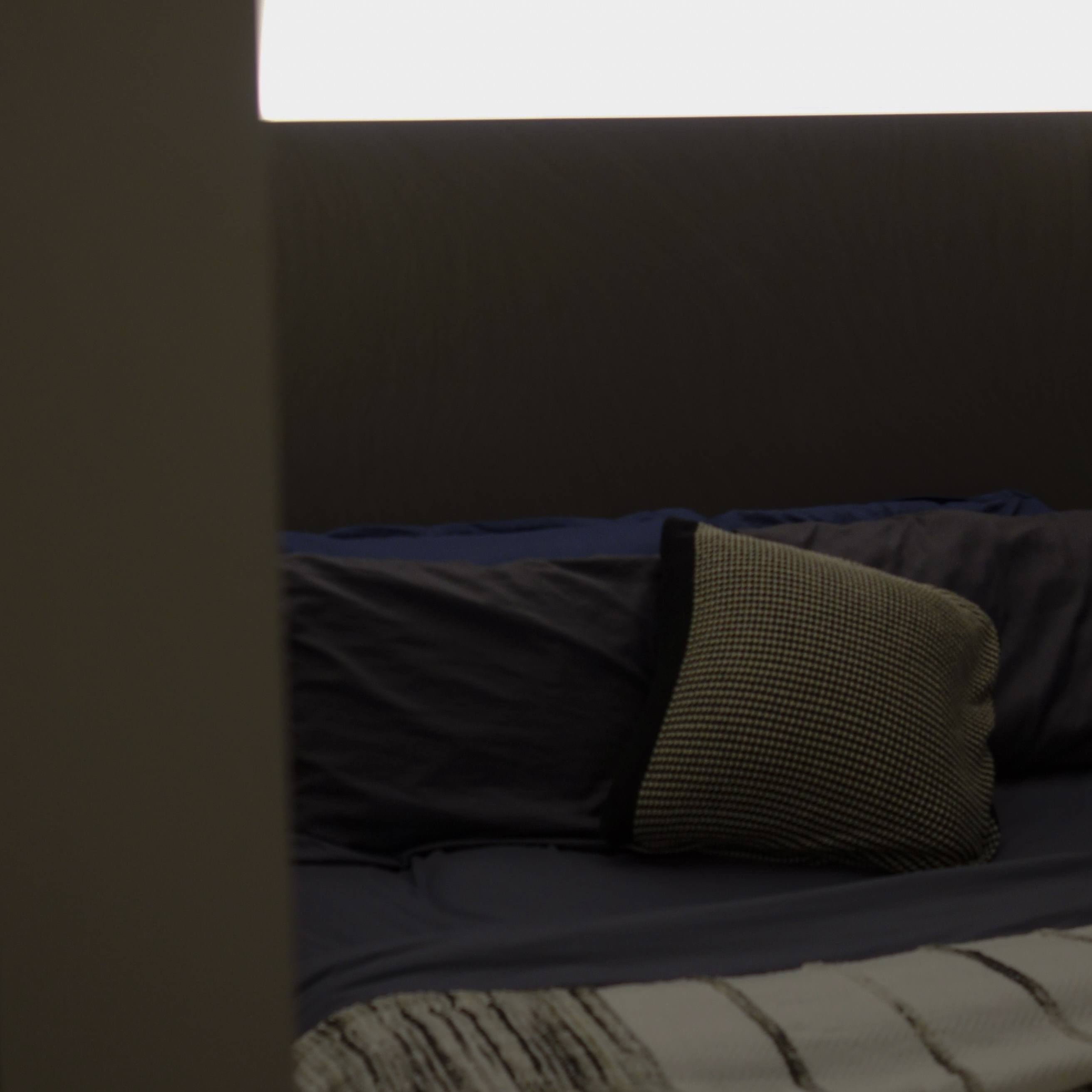 A cozy retreat: The master bedroom - Dark blue bedding, textured pillow, modern headboard, dimly lit room, cozy bedroom