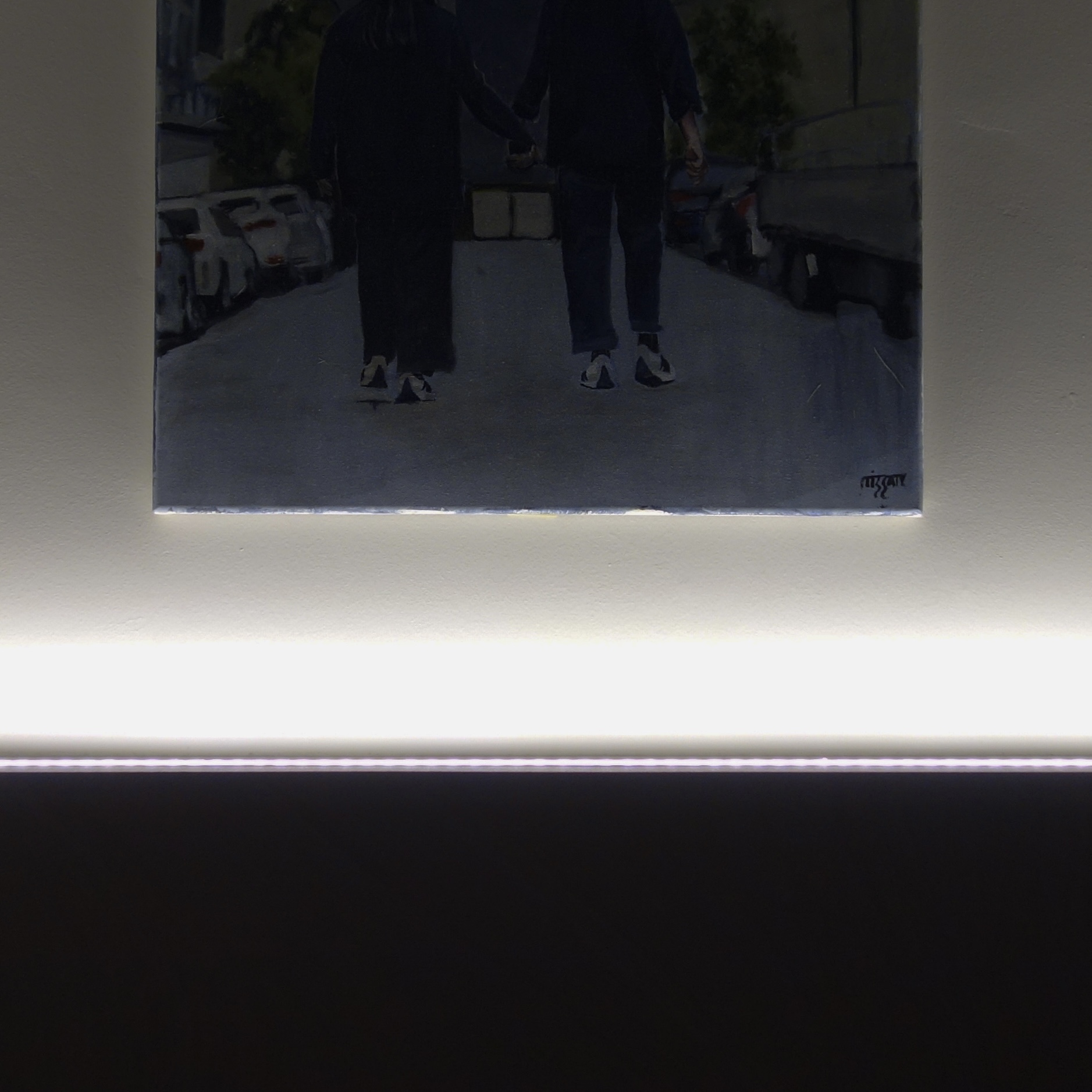 A cozy retreat: The master bedroom - Couple walking hand in hand, Evening city street scene, Dark clothing worn by