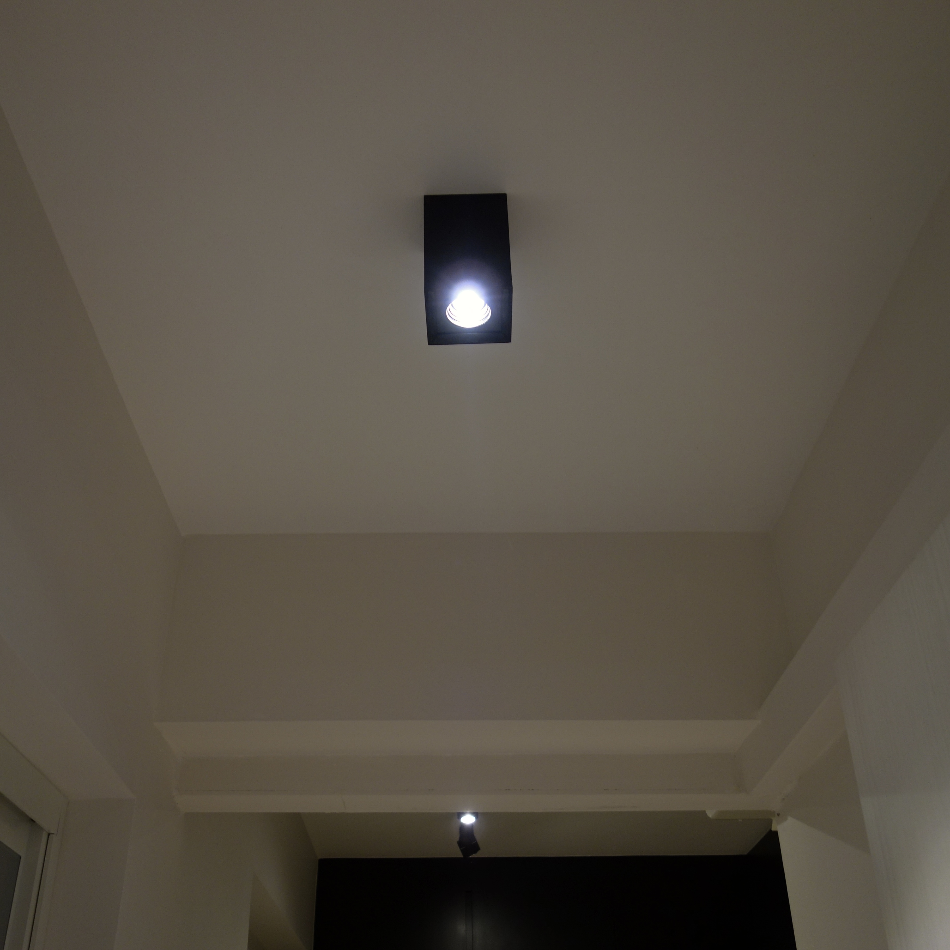 A cozy retreat: The master bedroom - Ceiling light fixture, bright illumination, modern design, black fixture, recessed