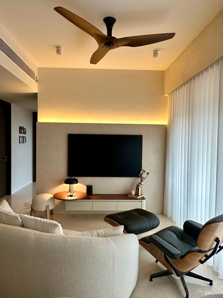 Living room - the space with the most complexity - Modern minimalist living room, sleek ceiling fan, neutral color palette