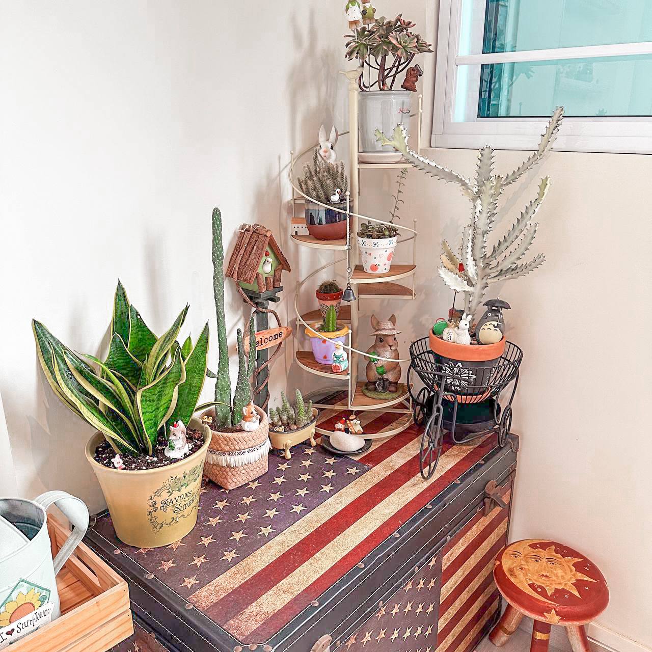 Real plants? Faux plants? Preserved? Why not all? - various potted plants, birdcage, rabbit figurine, mushroom, cactus