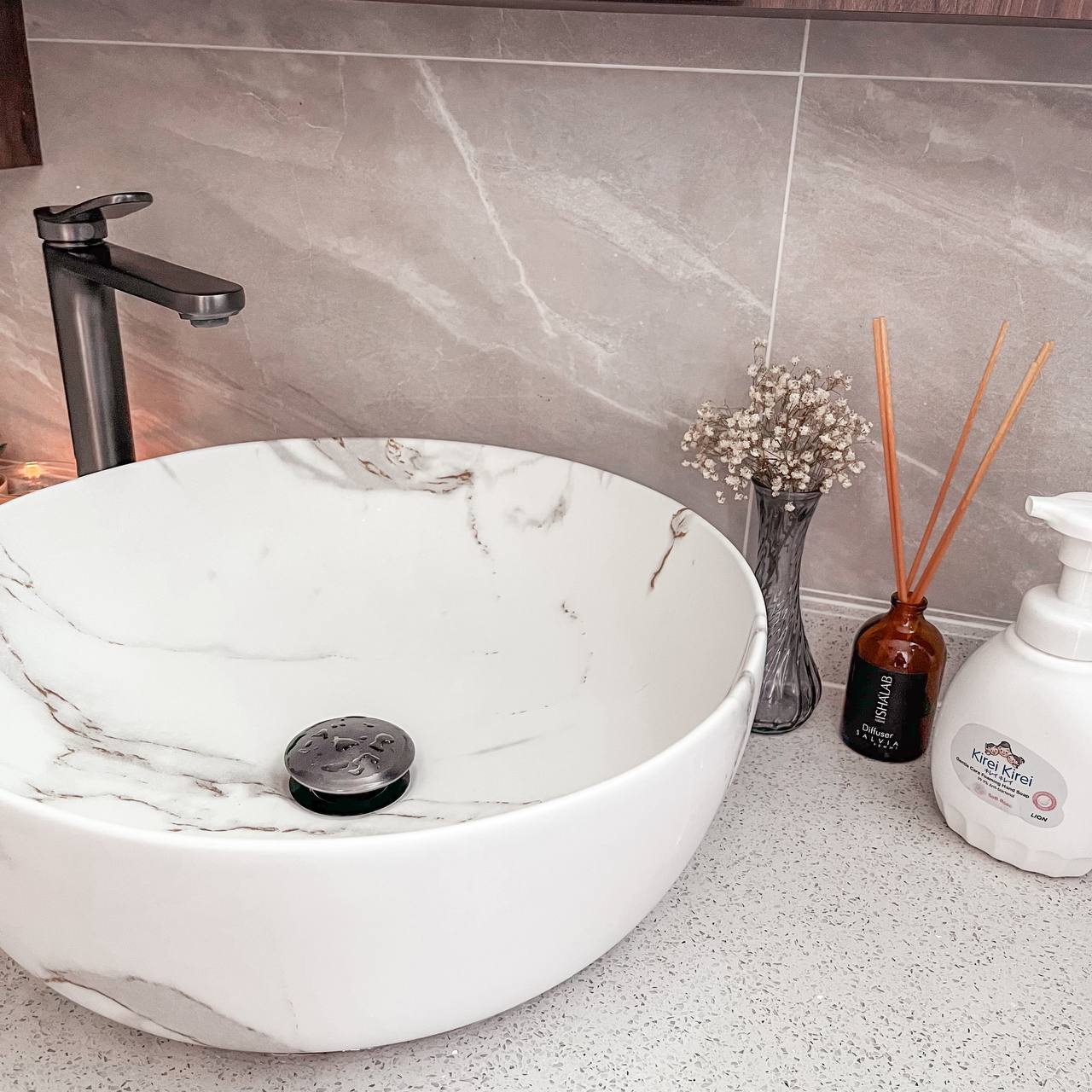 Real plants? Faux plants? Preserved? Why not all? - White marble sink, modern faucet, elegant bathroom vanity, neutral color