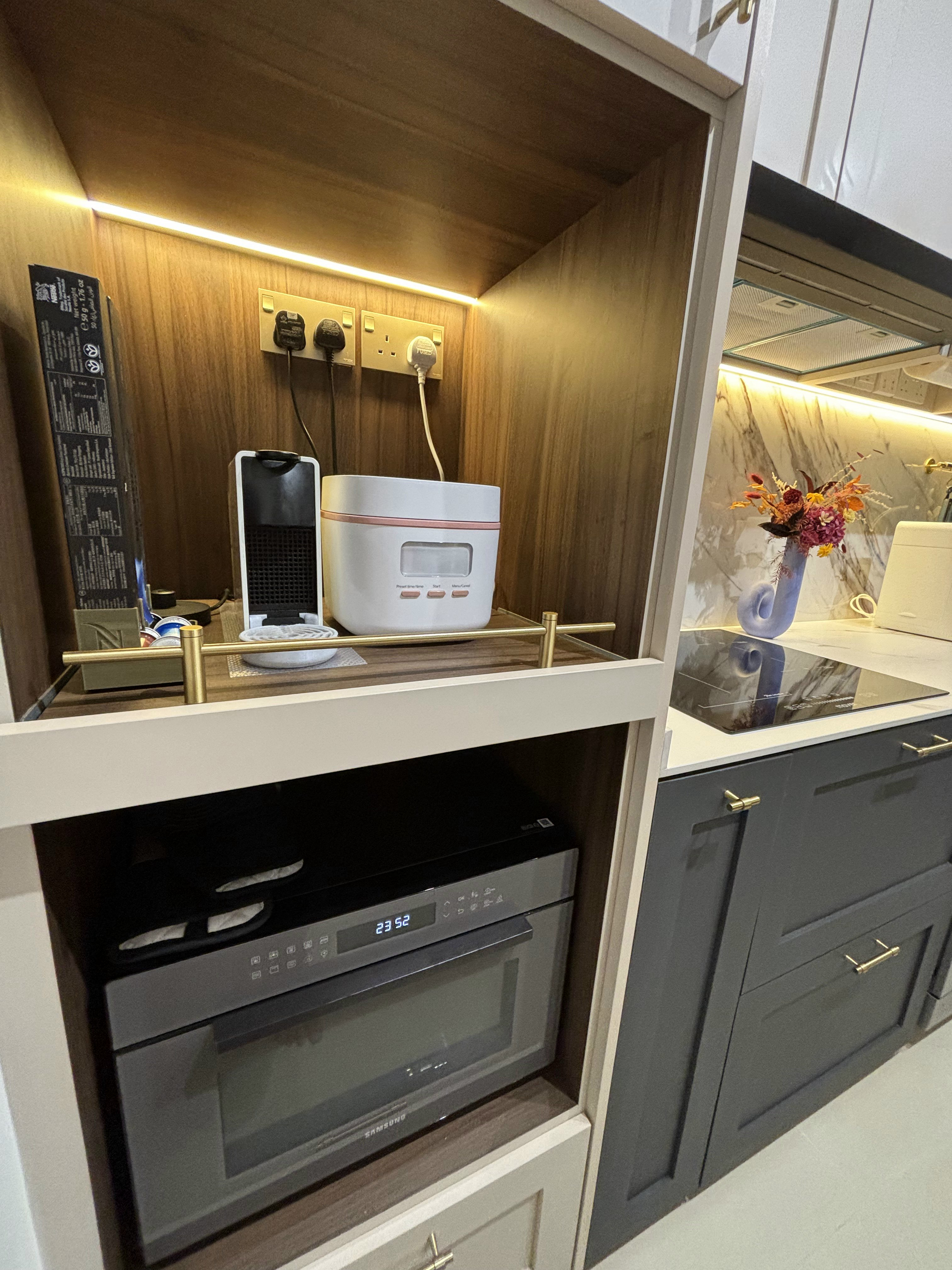 Our Favourite Features in the Kitchen - Wooden cabinet, modern kitchen, under-counter appliances, microwave oven, electric
