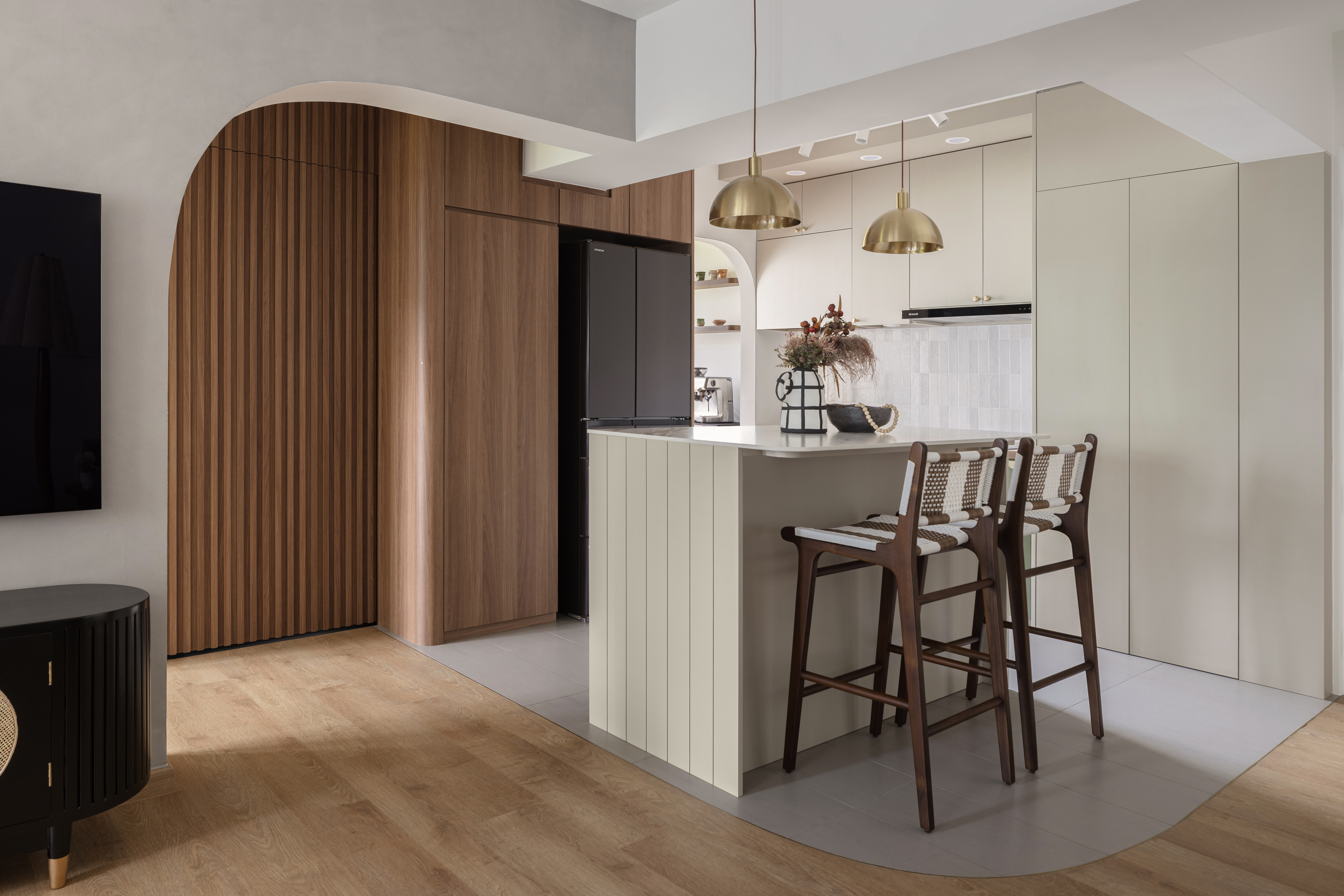 A space that gathers the people and fills up the stomachs!  - Modern kitchen with wooden cabinets, minimalist design, sleek