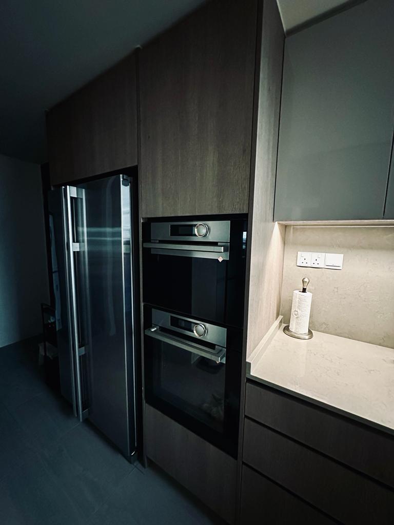 Closed kitchen and the storage we have! - Modern kitchen with sleek stainless steel appliances, dark wood cabinets, built-in