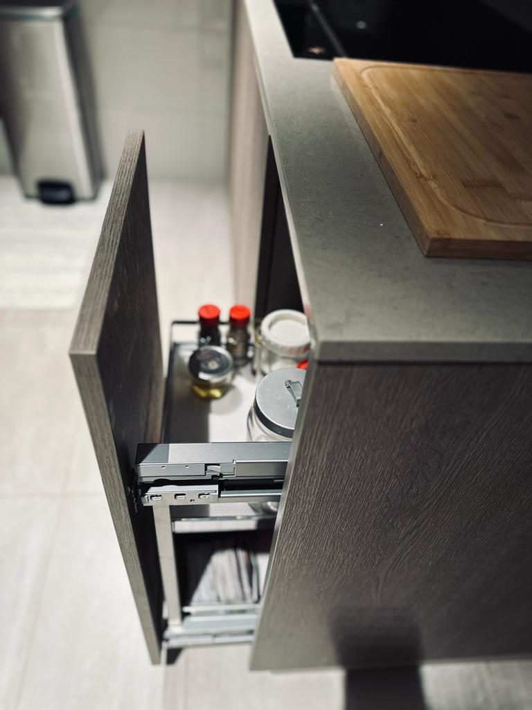 Closed kitchen and the storage we have! - Kitchen cabinet, open drawer, wooden interior, modern design, stainless steel