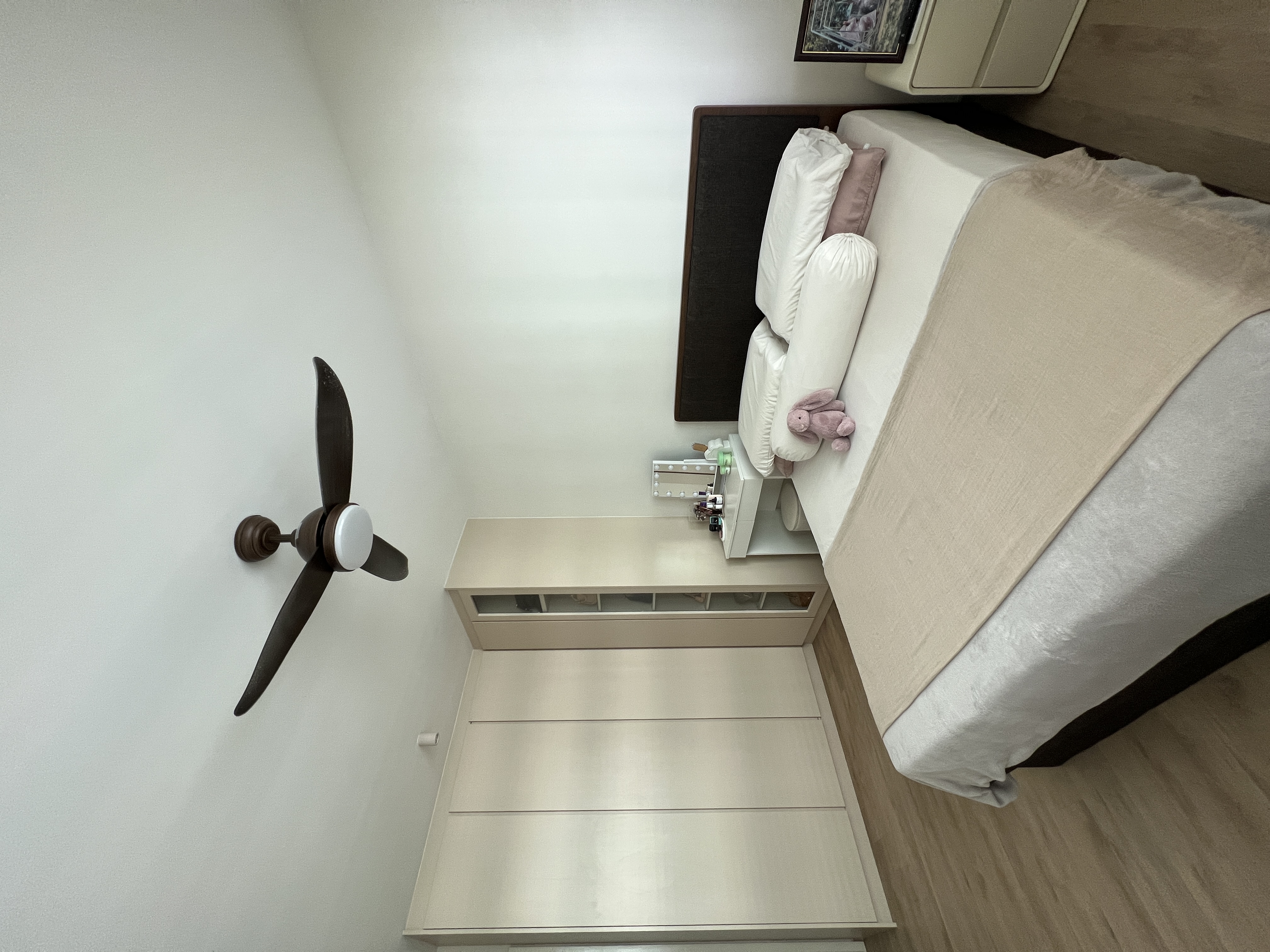 All Neutral - Simple & functional MBR  - modern bedroom, compact space, twin bed, bedside table, light-colored furniture