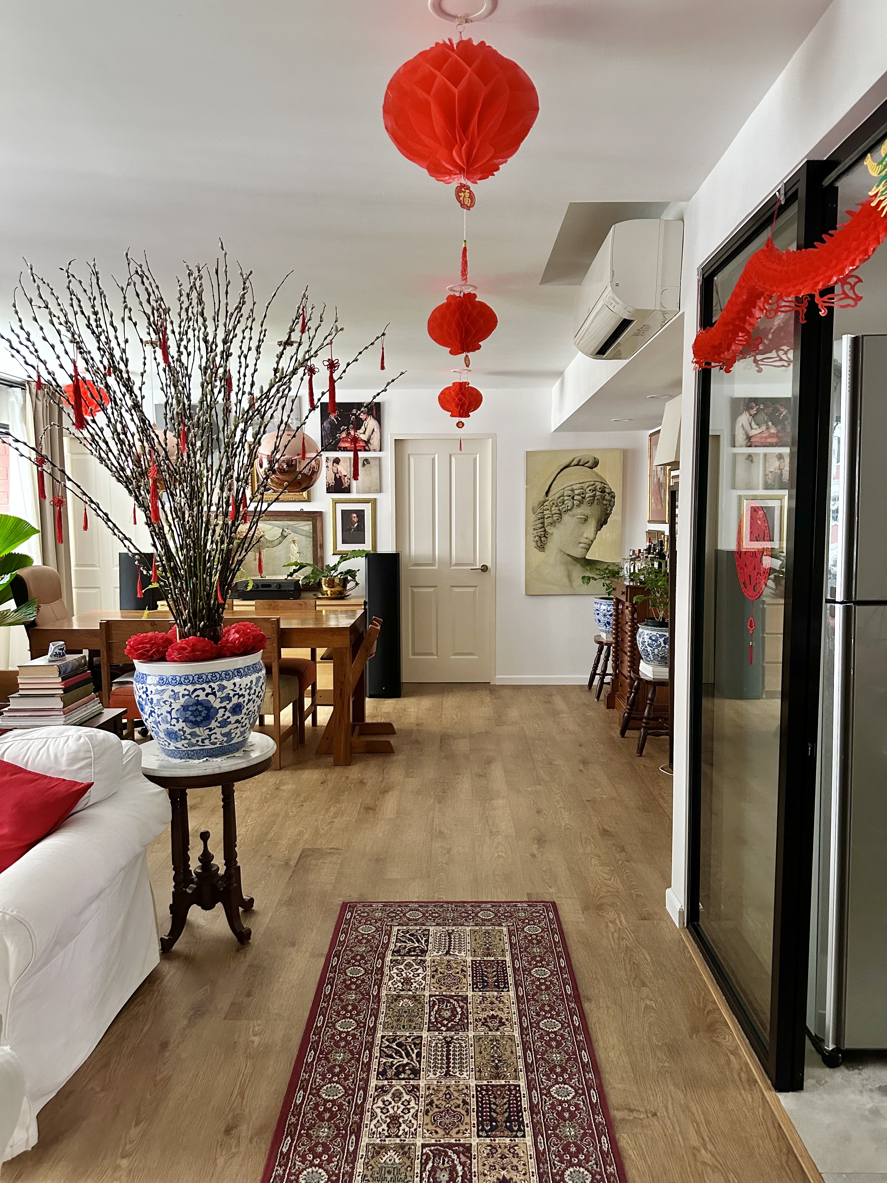 A Festive Home Ready to Welcome the Year of Dragon - Red lanterns, festive decorations, Chinese New Year theme, dining area