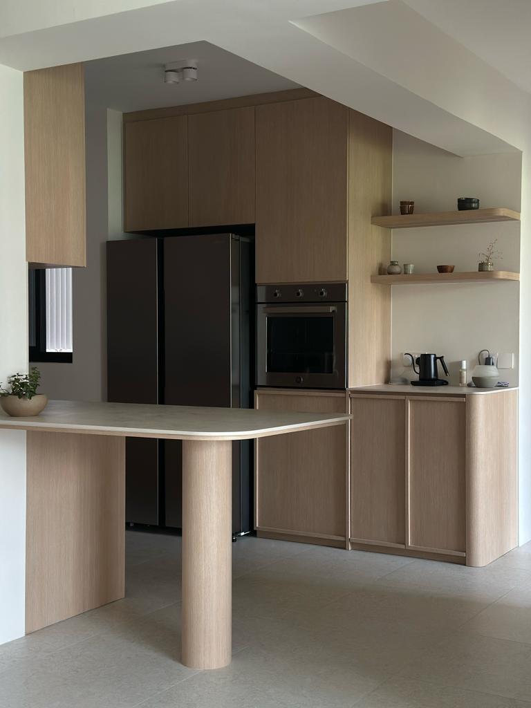 Our kitchen, the heart of our home  - Wooden kitchen cabinetry, sleek appliances, modern design, light wood countertops