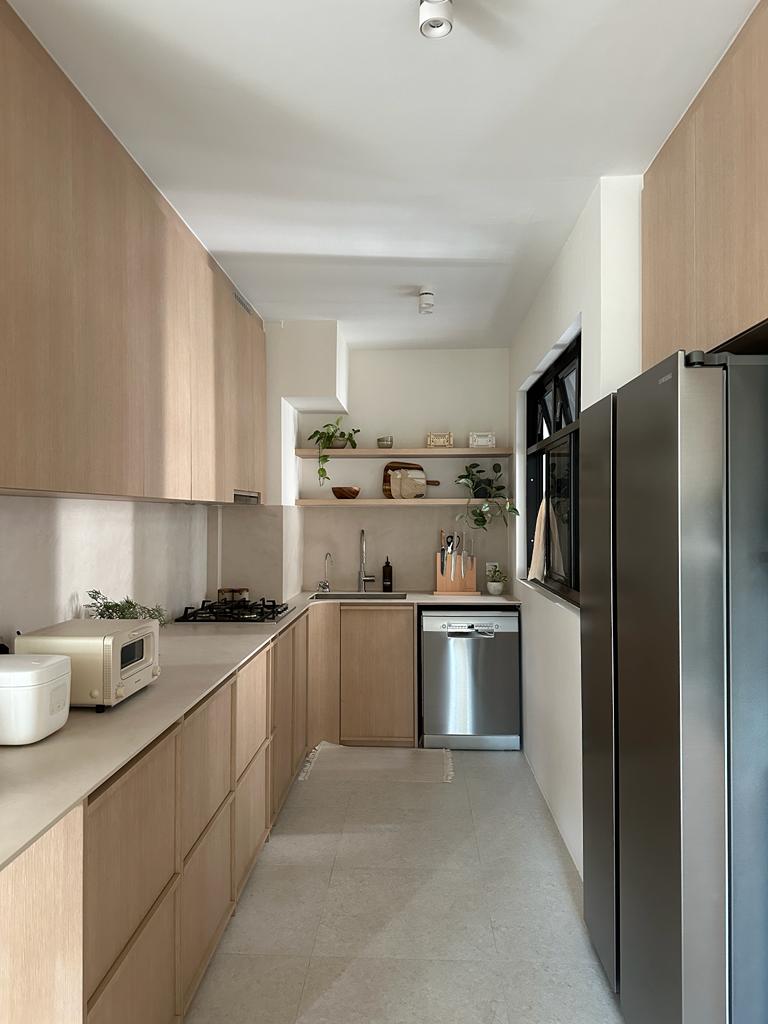 Our kitchen, the heart of our home  - Wooden cabinetry, modern kitchen, light beige countertops, stainless steel appliances