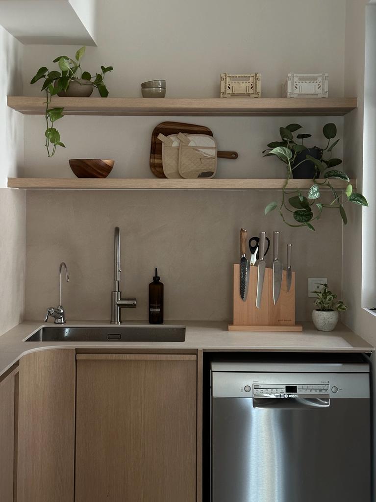 Our kitchen, the heart of our home  - Wooden kitchen shelves, minimalist design, integrated sink, modern kitchen, stainless