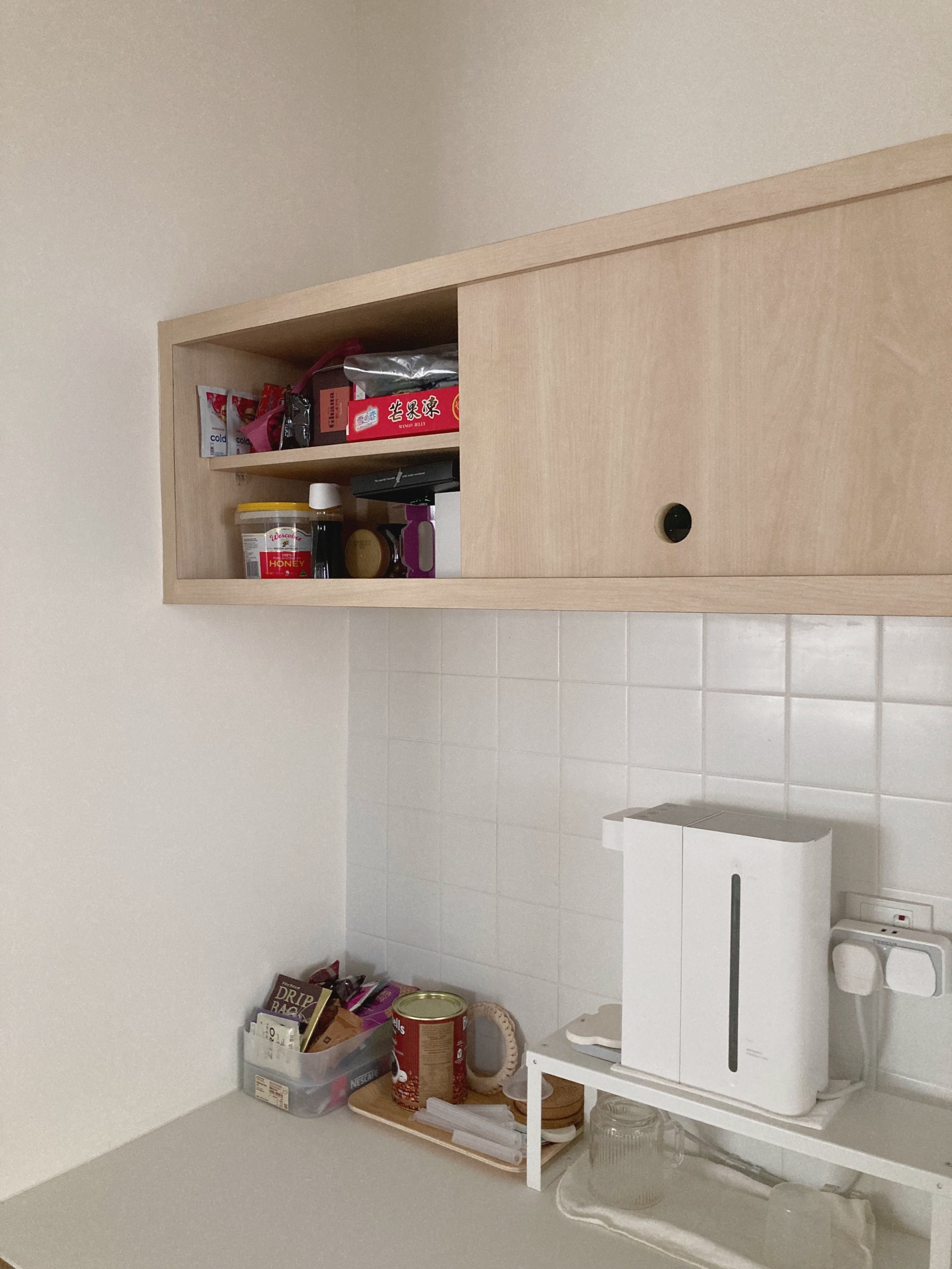 Simple but unconventional open concept kitchen  - Wooden cabinet, open shelf, neatly organized, kitchen counter, white tiled